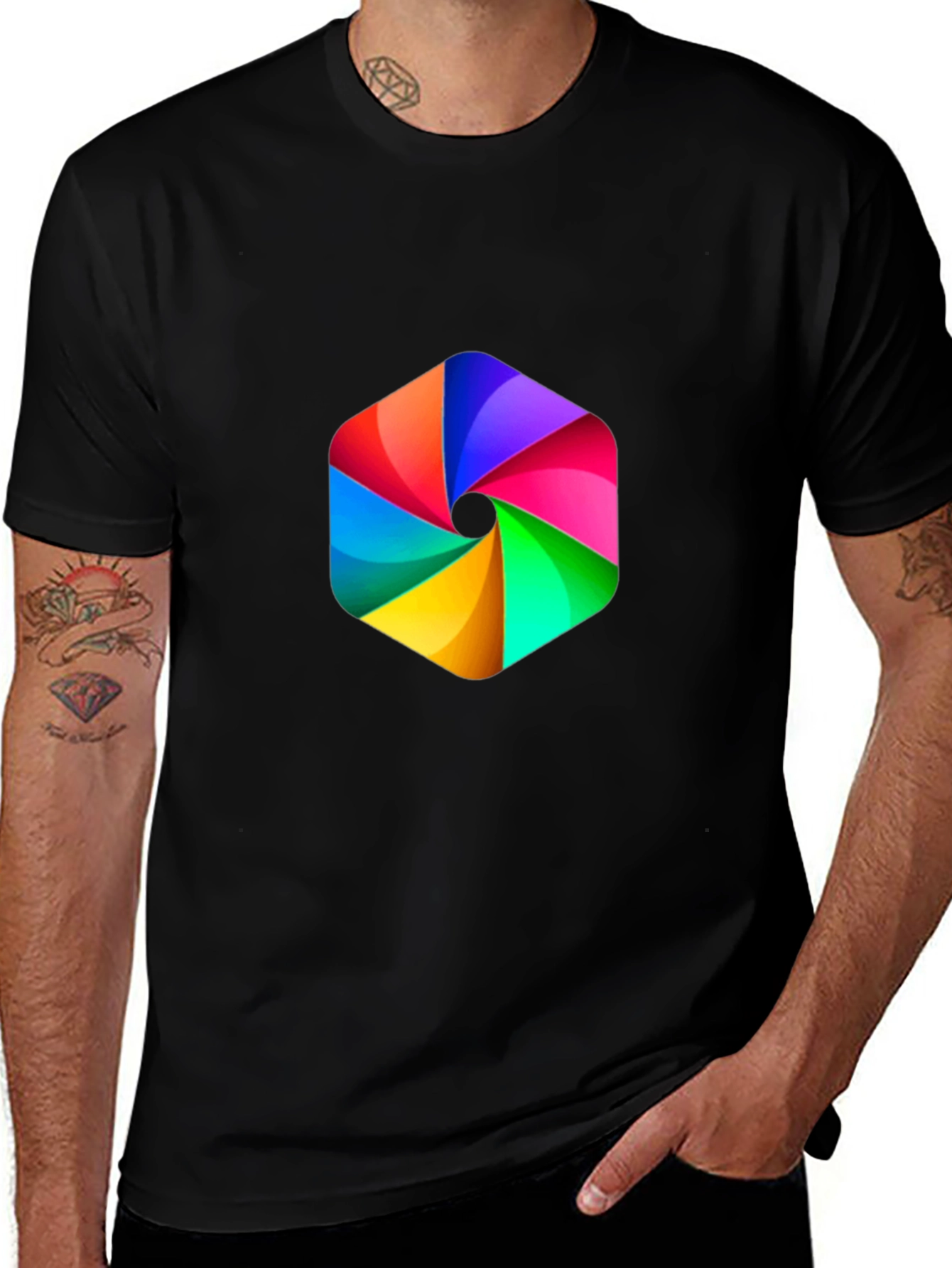 Mens Black Tee with Rainbow Hexagon Graphic