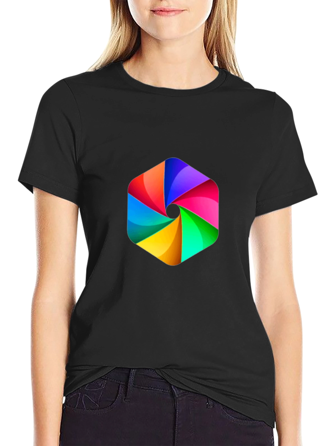Mens Black Tee with Rainbow Hexagon Graphic