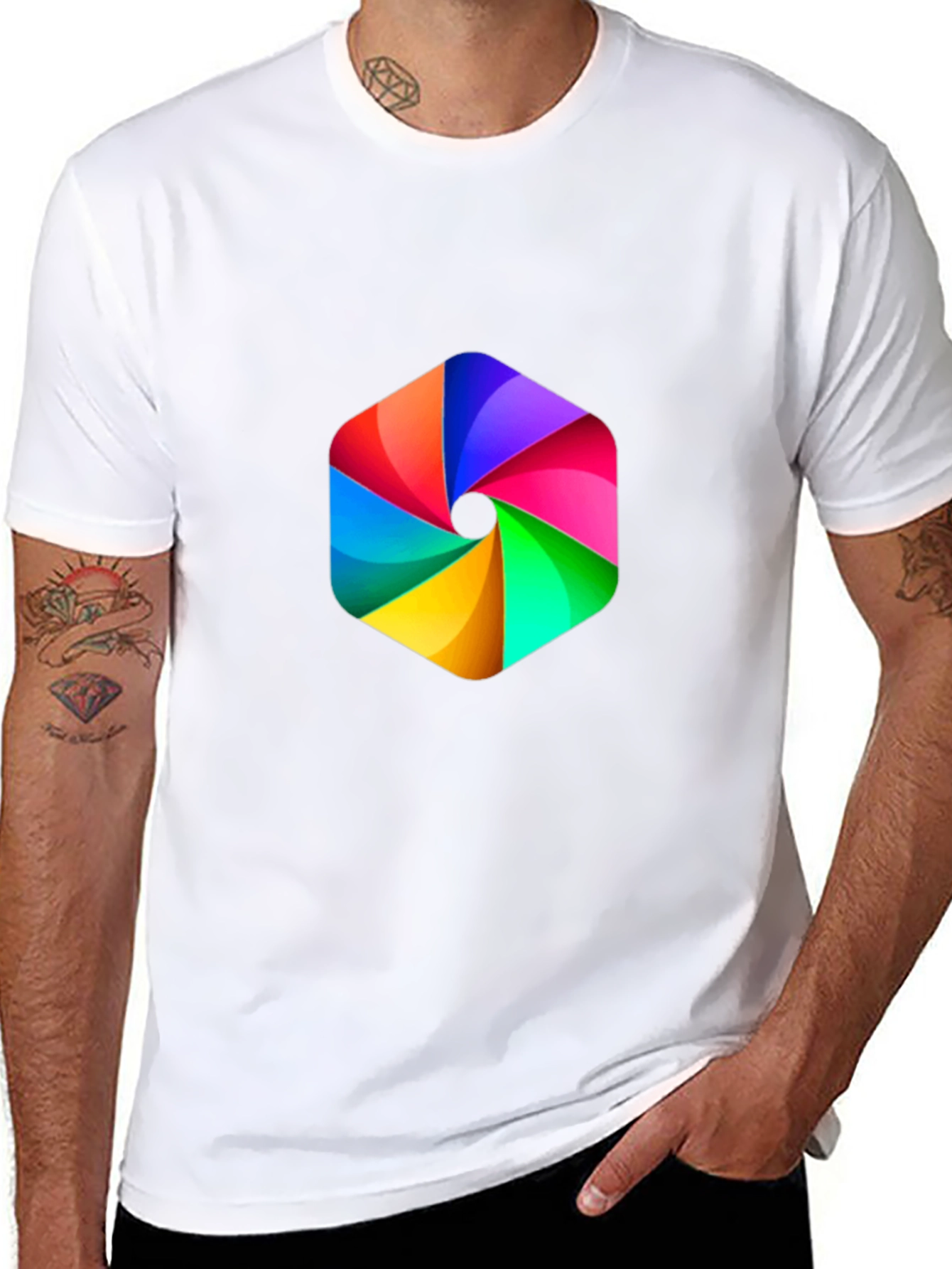 Mens Black Tee with Rainbow Hexagon Graphic
