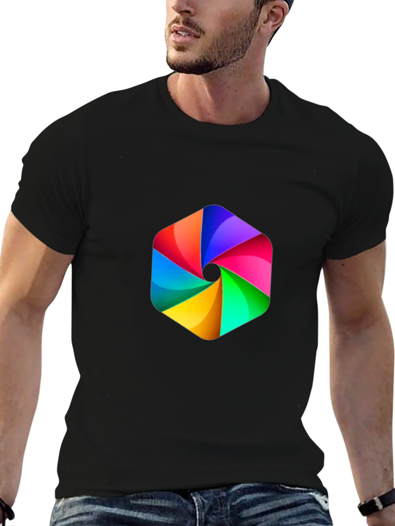 Mens Black Tee with Rainbow Hexagon Graphic