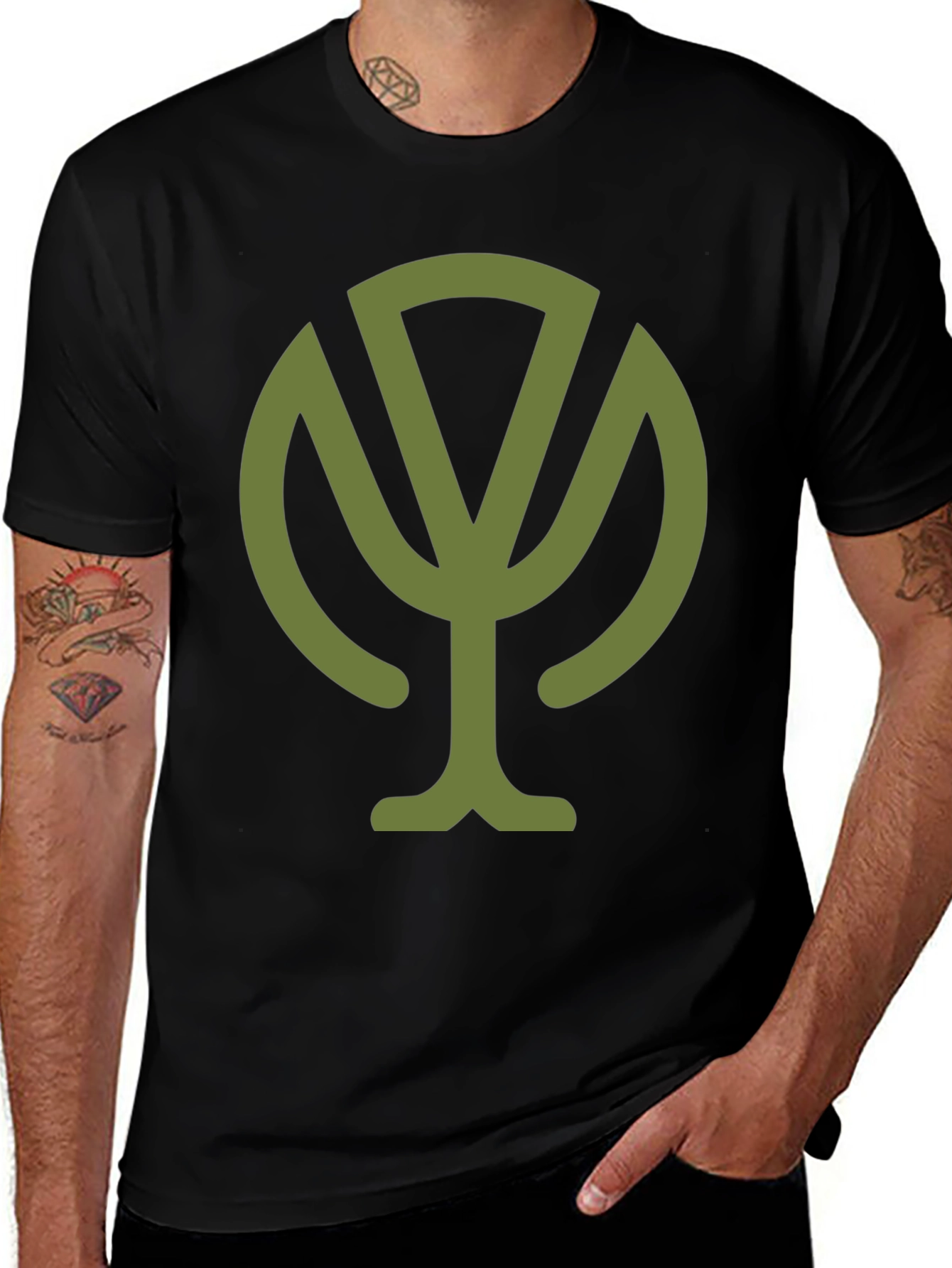 Olive Green Tree Graphic Black T-Shirt