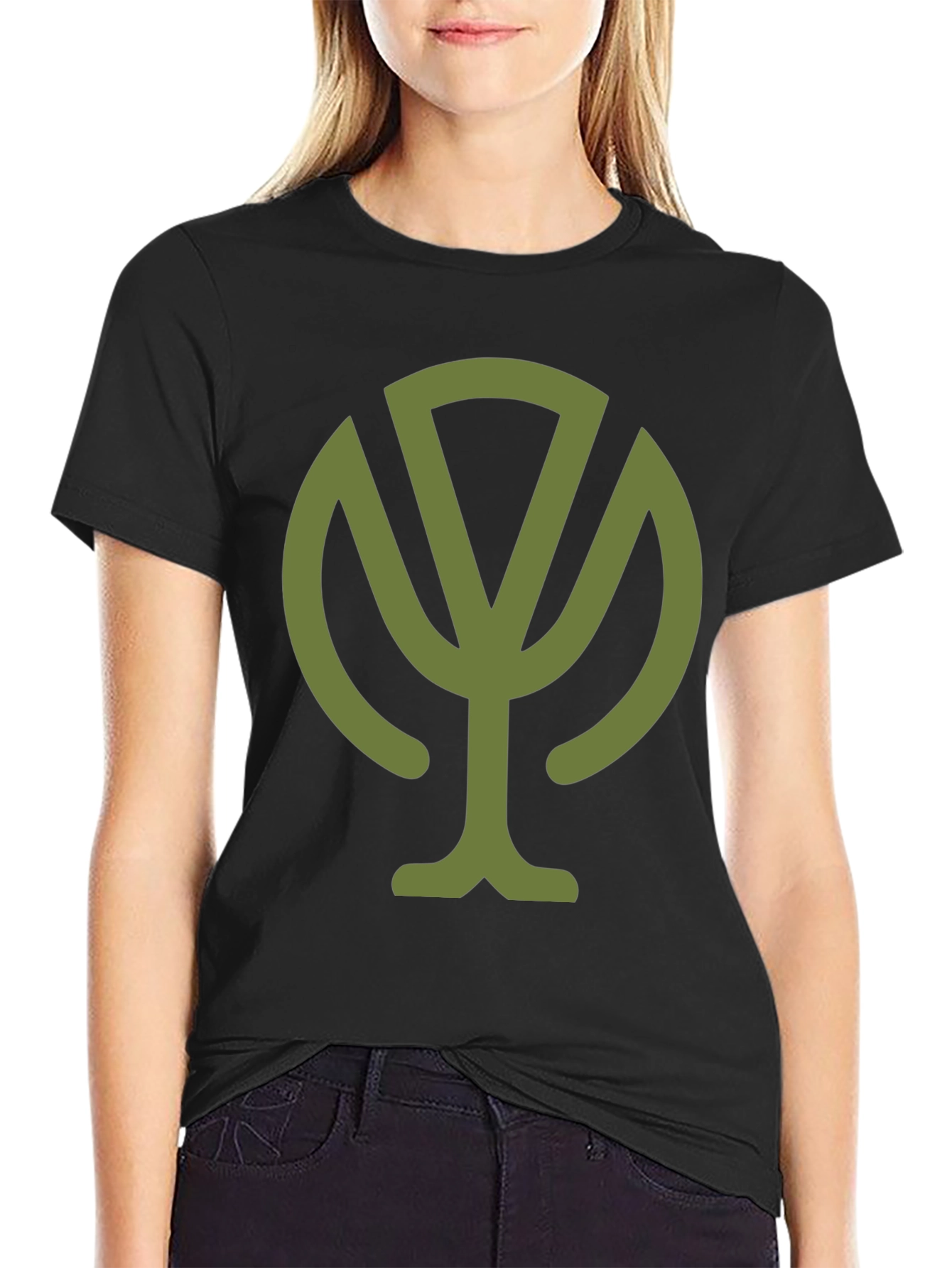Olive Green Tree Graphic Black T-Shirt