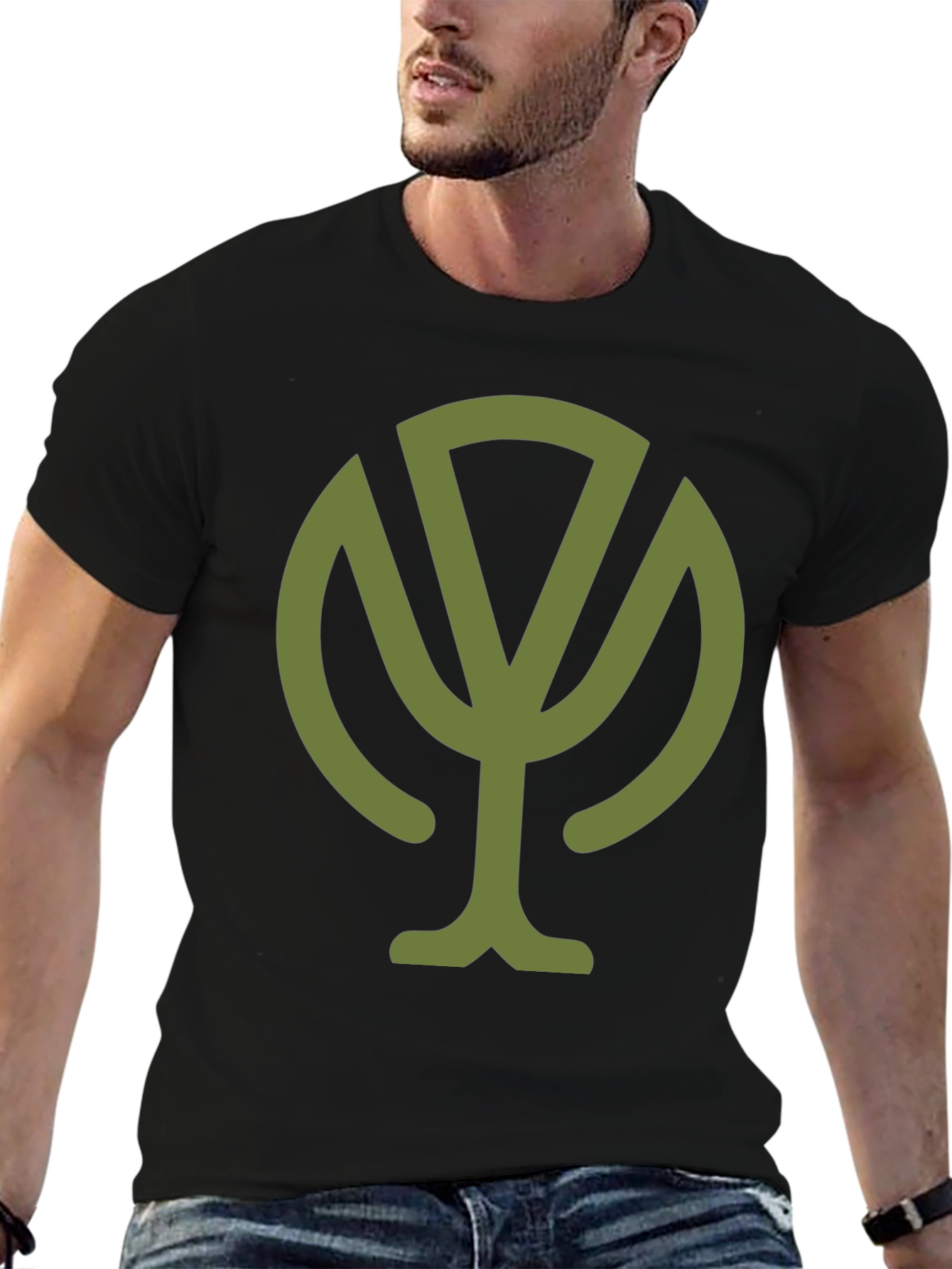 Olive Green Tree Graphic Black T-Shirt