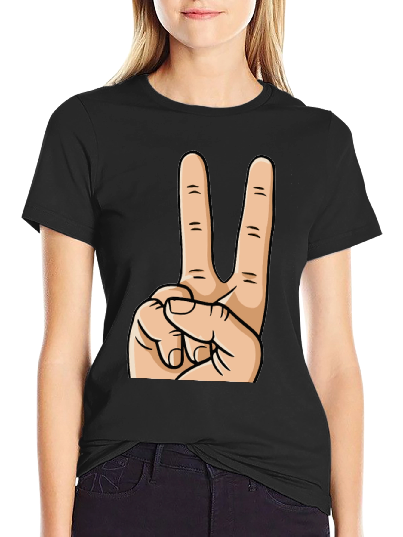 Peace Sign Graphic Tee - Black Cotton Casual Top