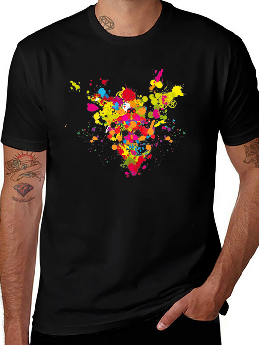 Mens Black Tee with Abstract Colorful Paint Splatter Design