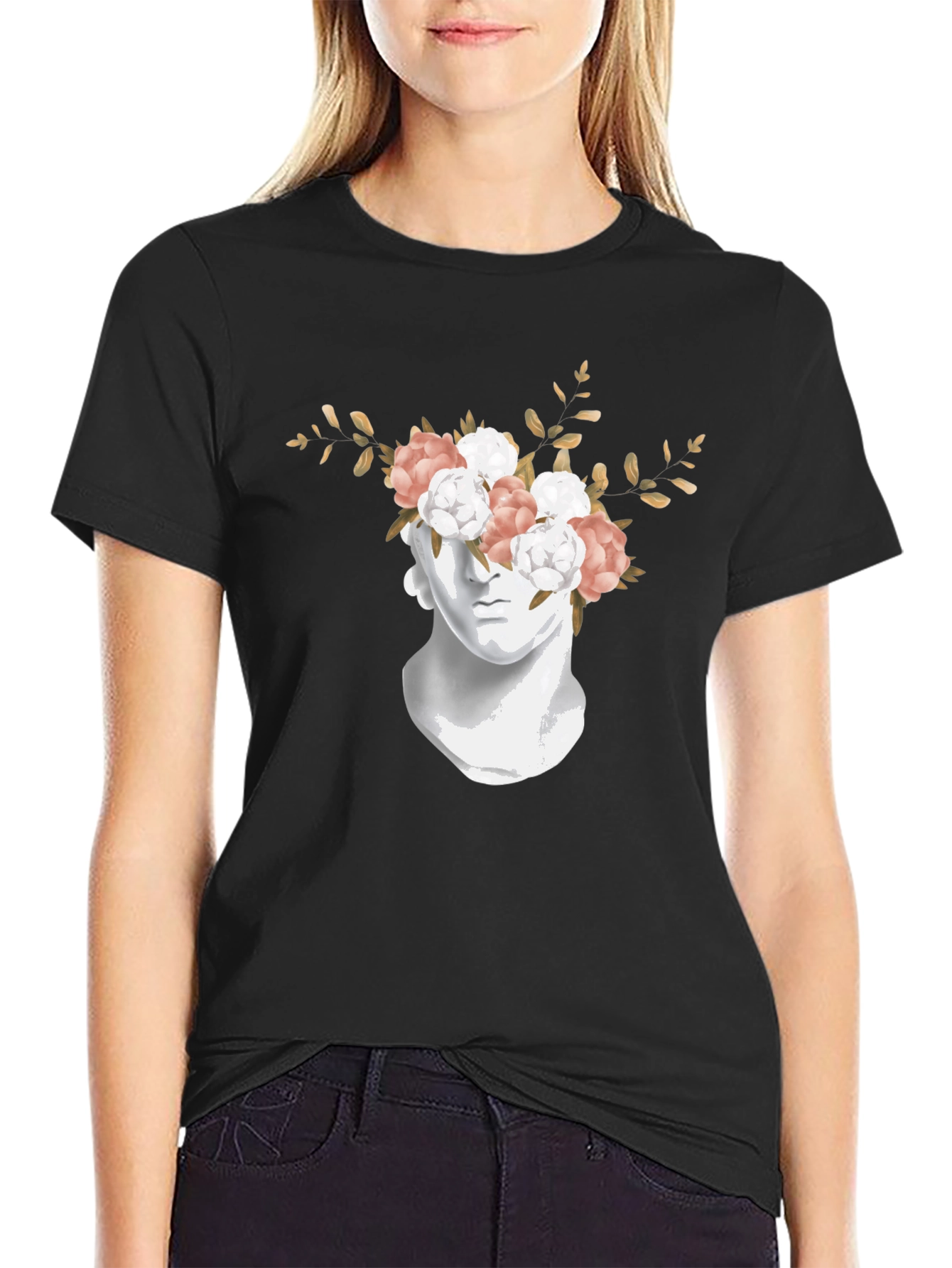 Floral Statue Graphic Tee - Stylish Black T-Shirt