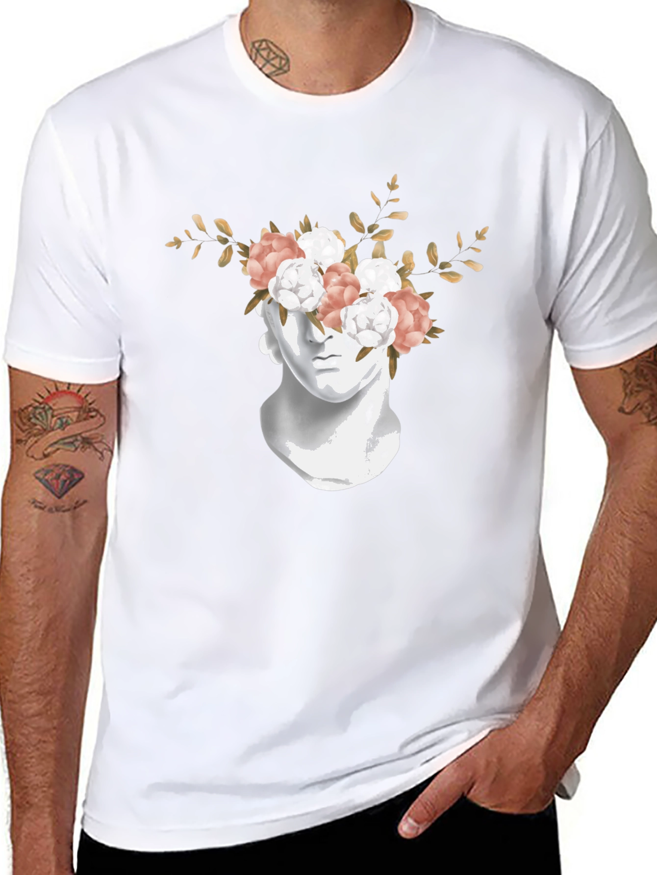 Floral Statue Graphic Tee - Stylish Black T-Shirt