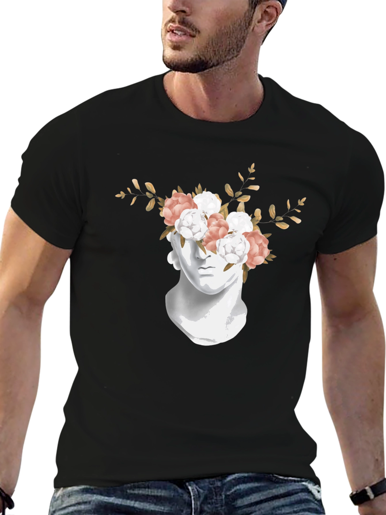 Floral Statue Graphic Tee - Stylish Black T-Shirt