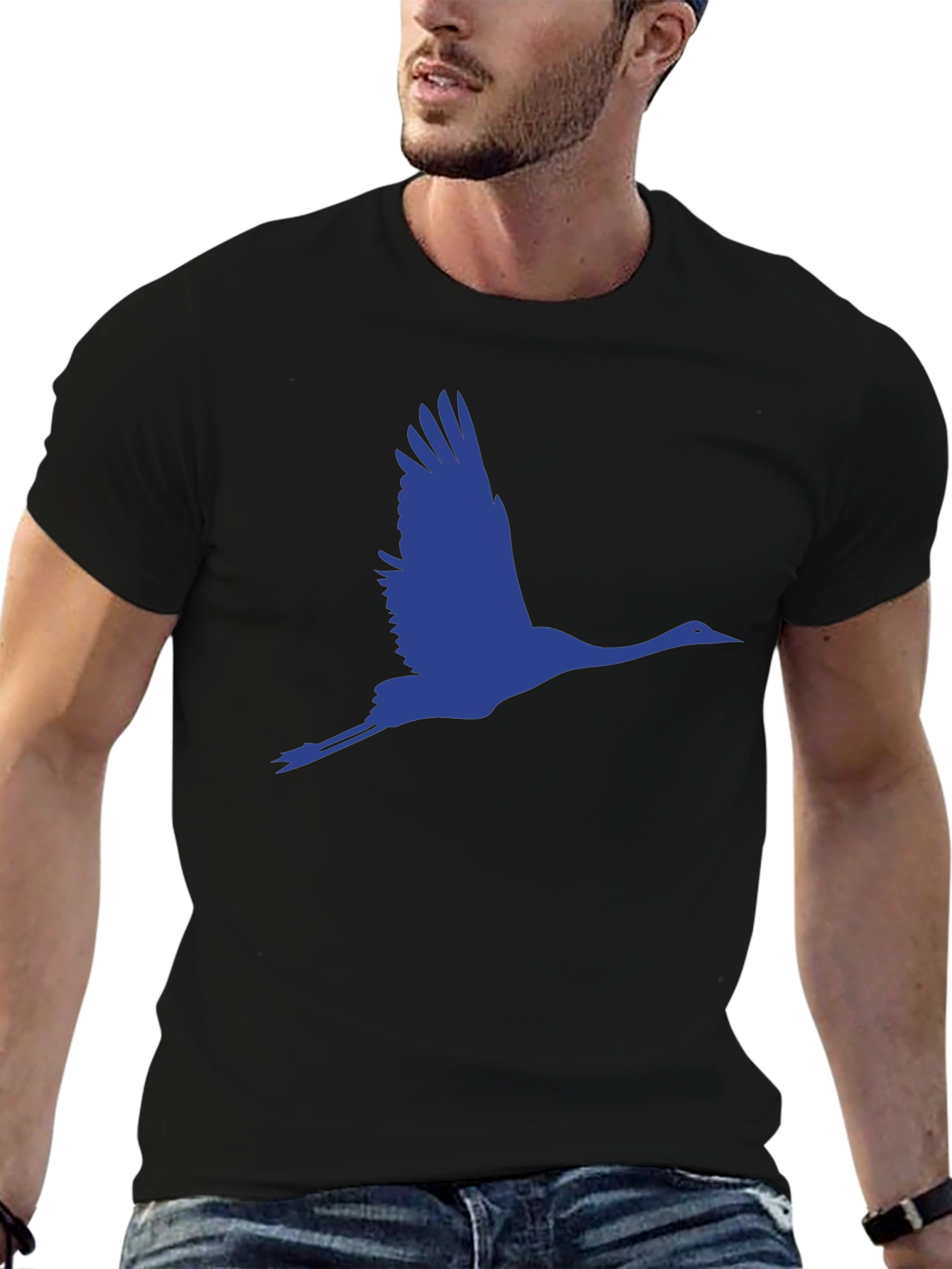 Flying Crane Graphic Tee - Black Cotton T-Shirt