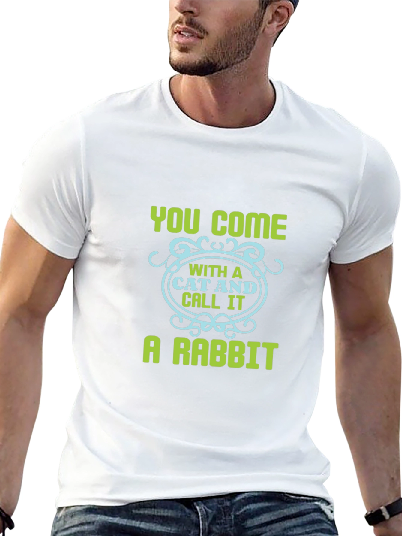 Humorous Cat & Rabbit Graphic Black Tee