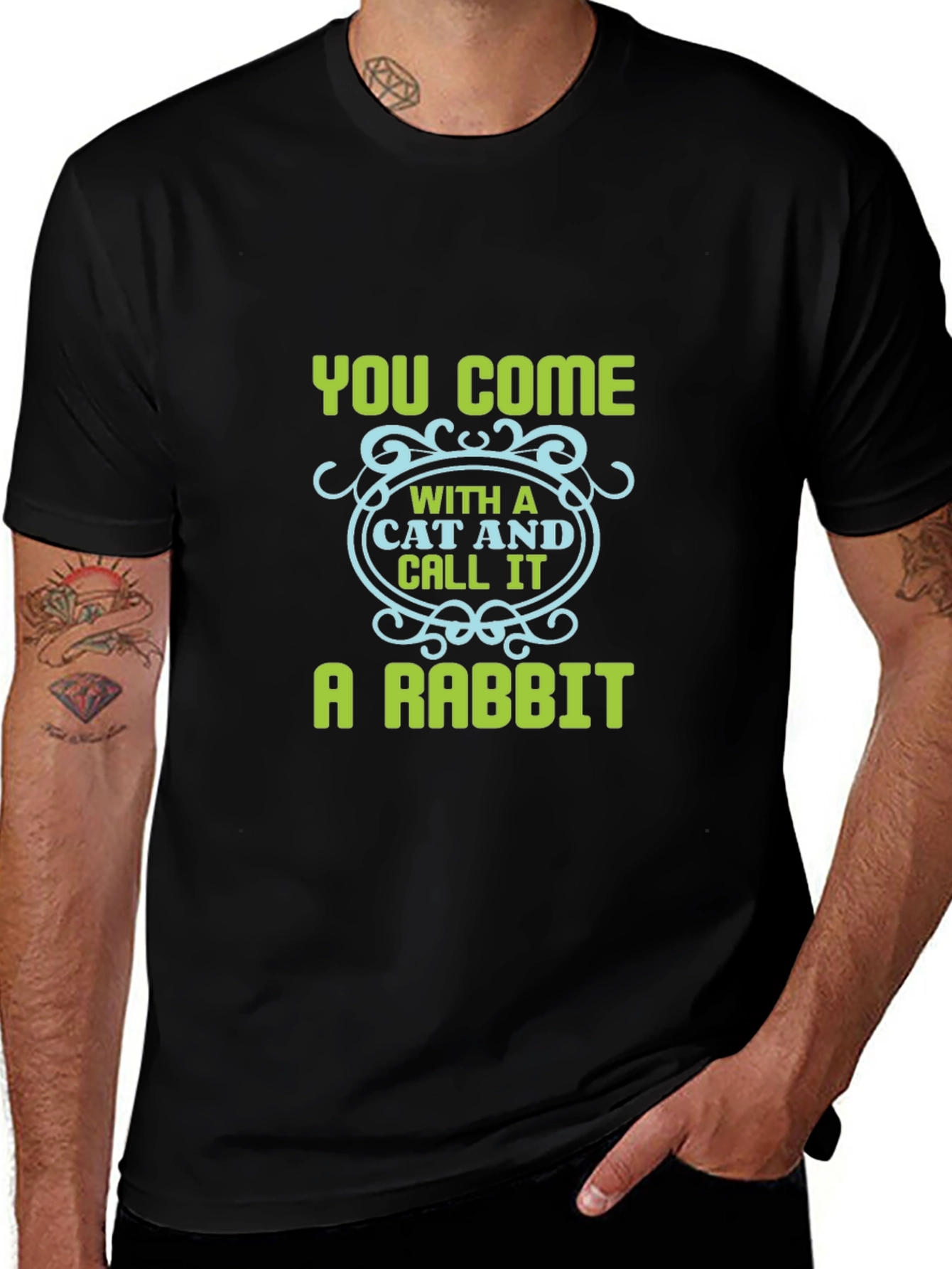 Humorous Cat & Rabbit Graphic Black Tee