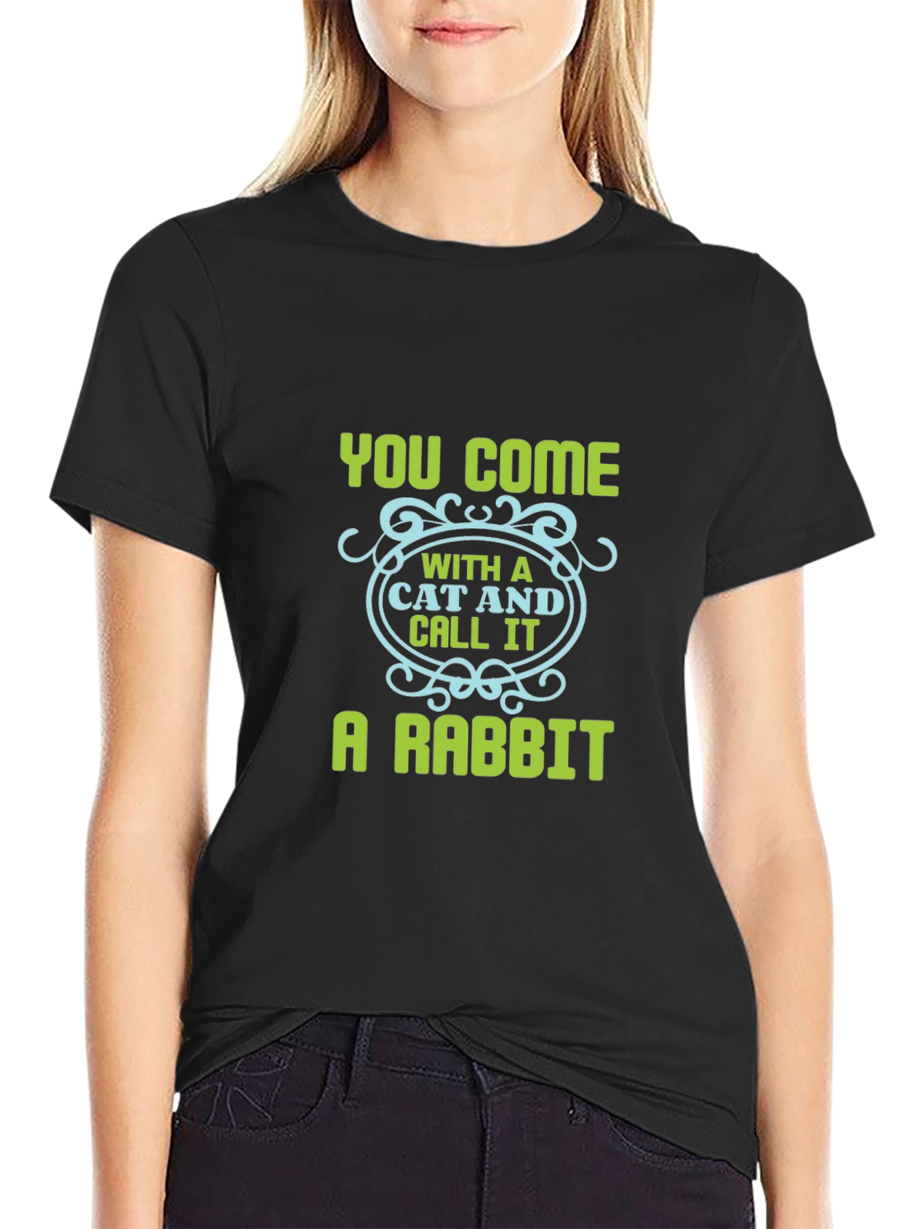 Humorous Cat & Rabbit Graphic Black Tee