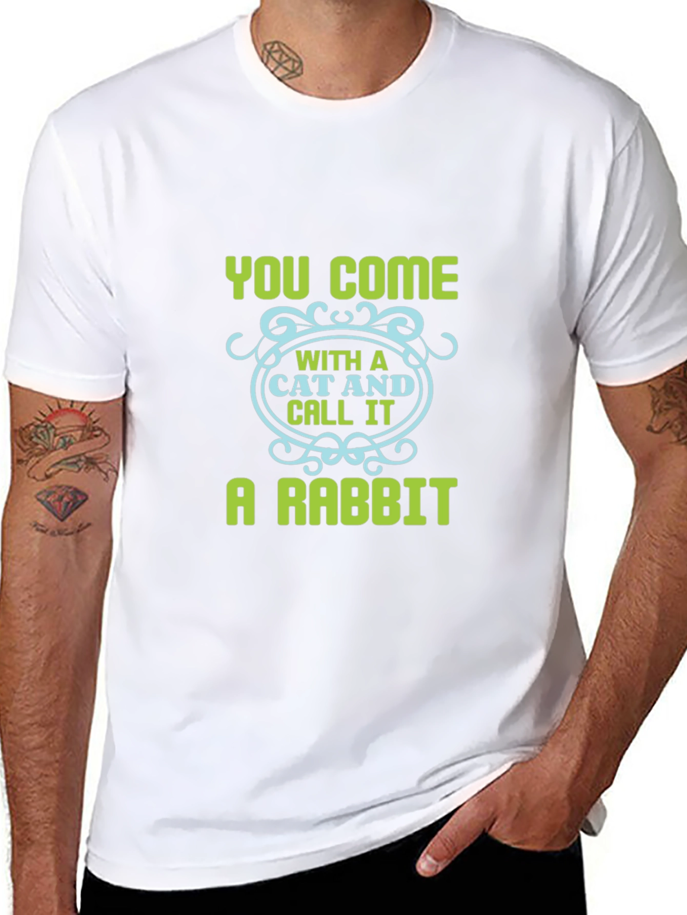 Humorous Cat & Rabbit Graphic Black Tee
