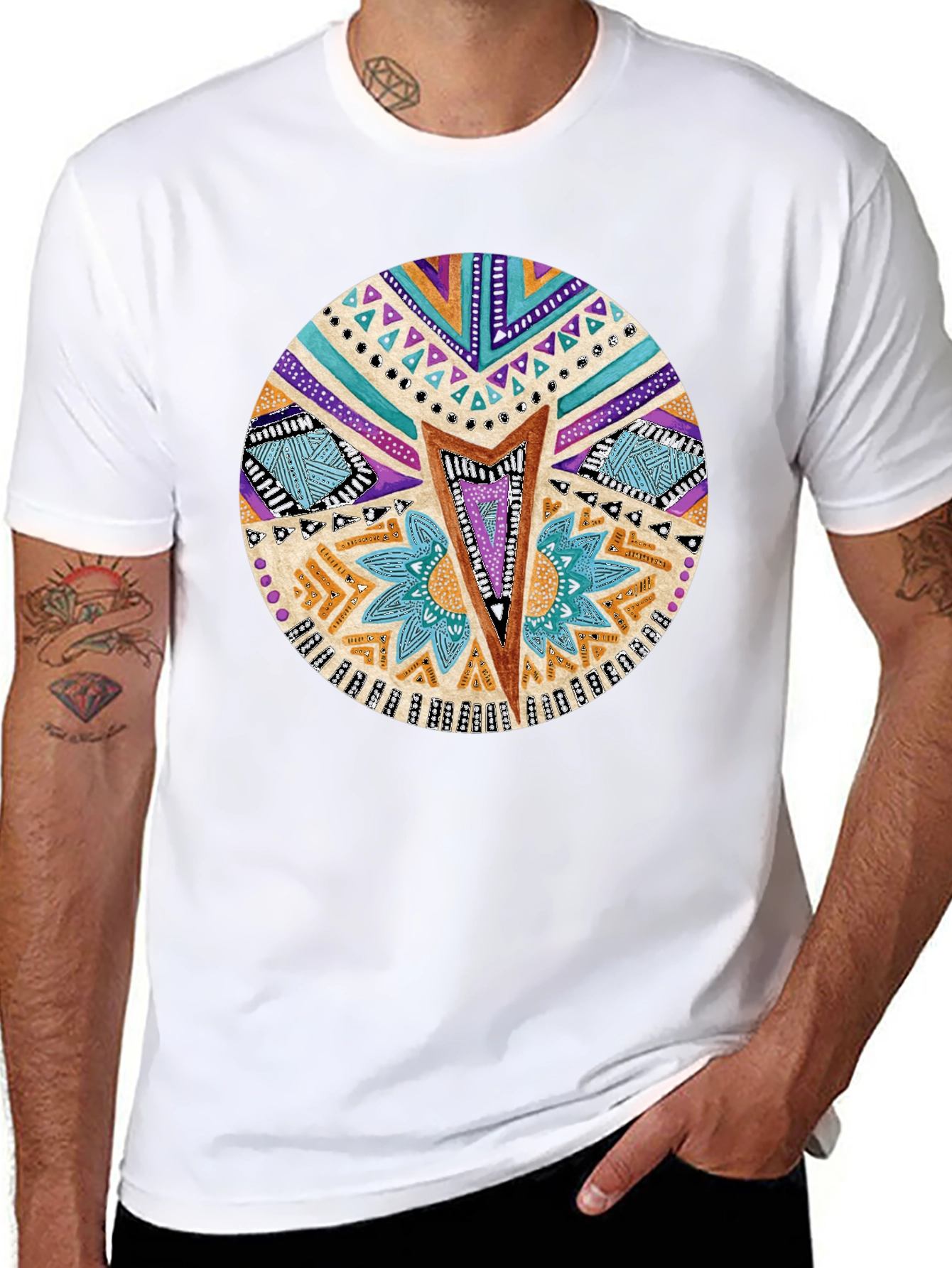 Tribal Print Crew Neck T-Shirt - Black