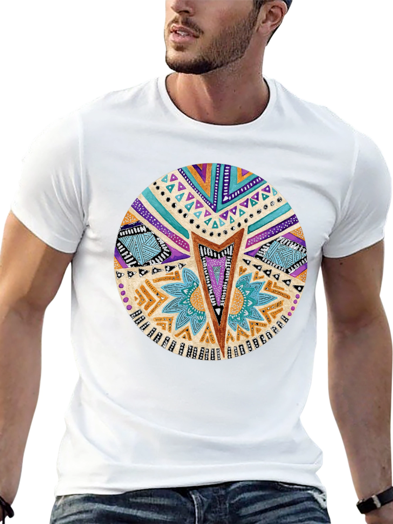 Tribal Print Crew Neck T-Shirt - Black