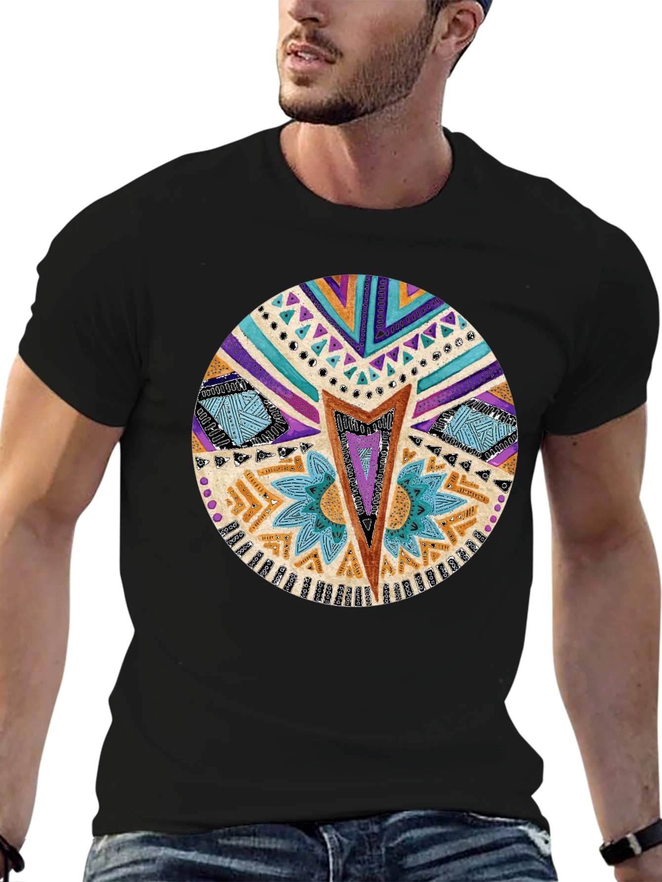 Tribal Print Crew Neck T-Shirt - Black