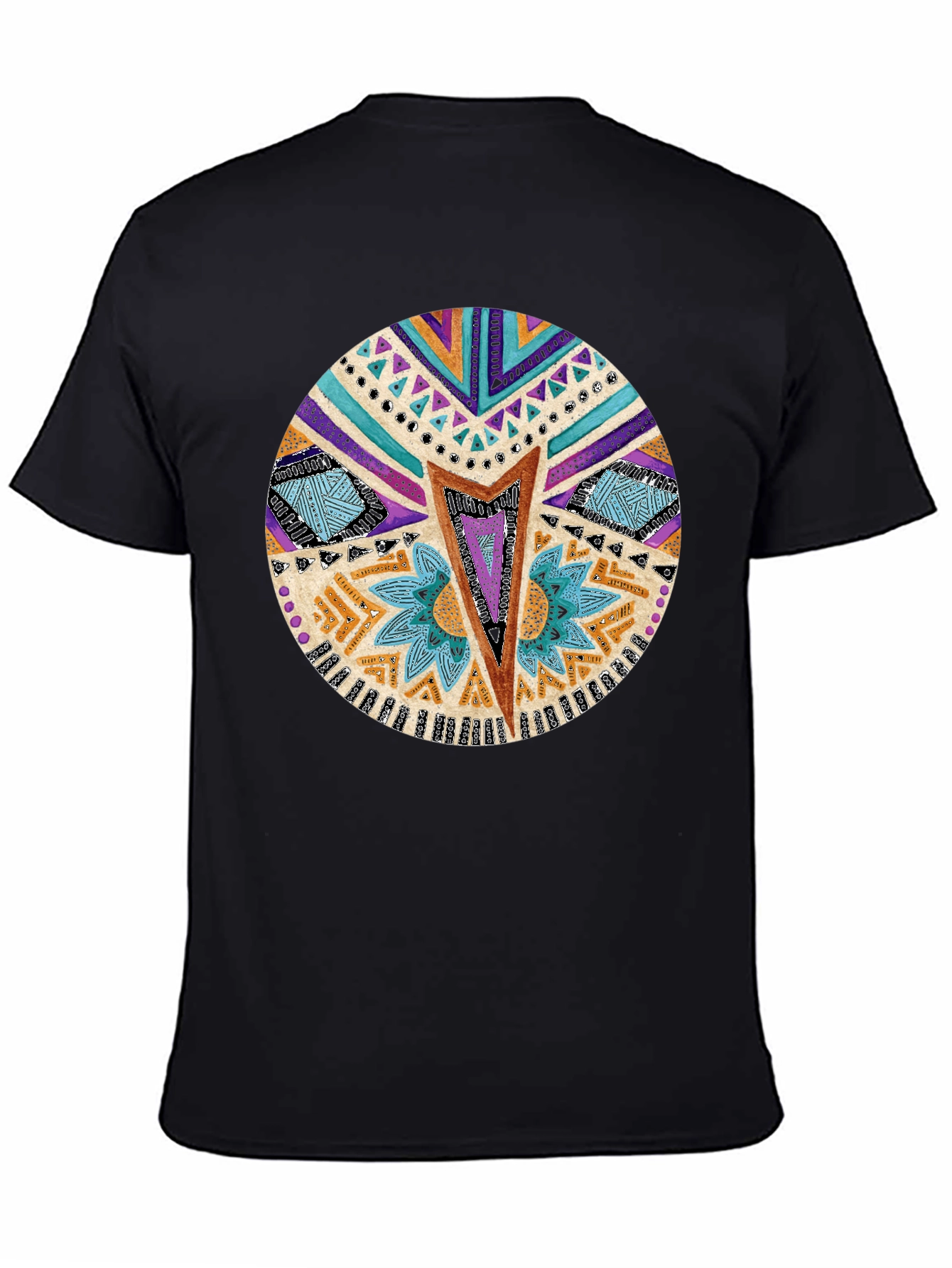 Tribal Print Crew Neck T-Shirt - Black