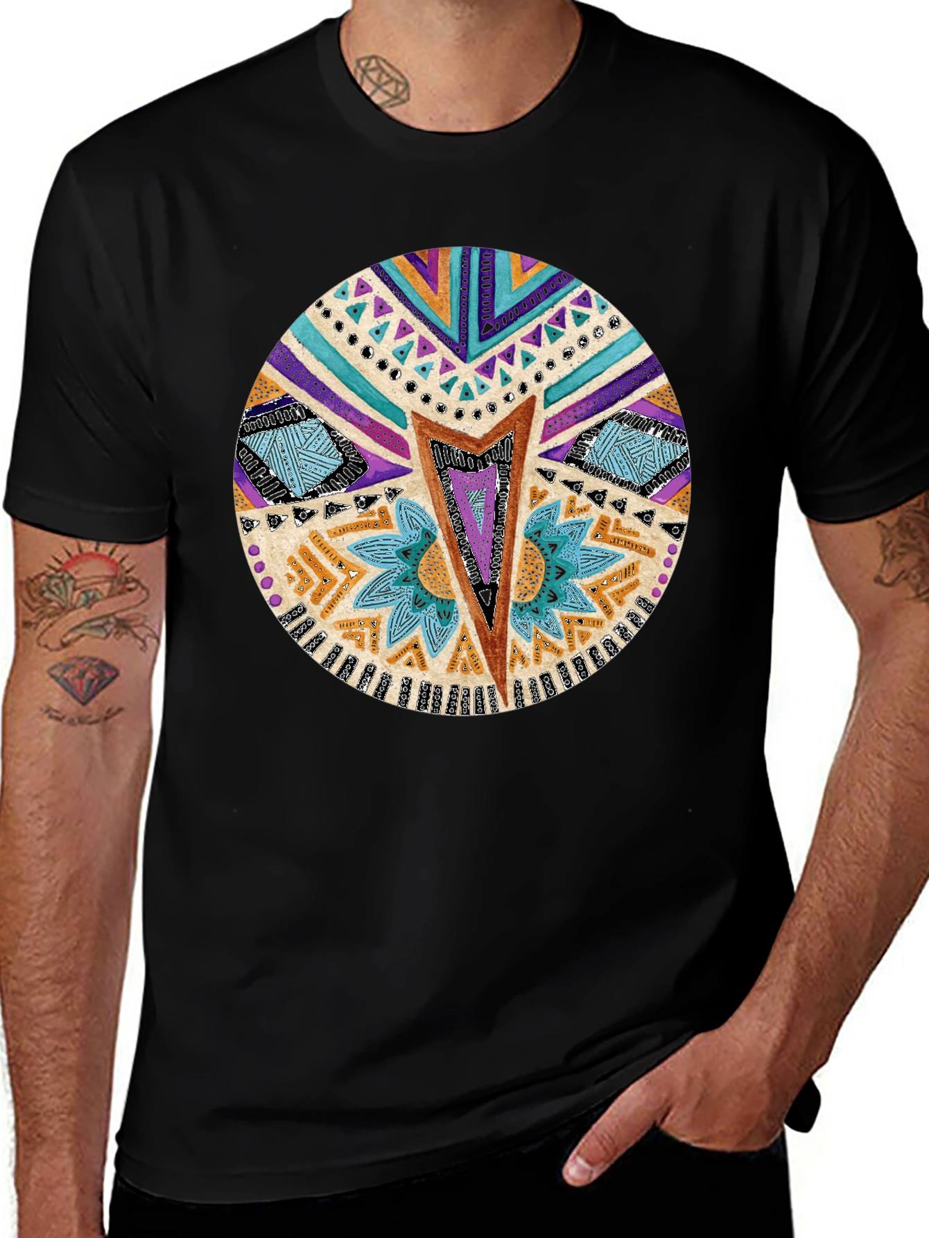 Tribal Print Crew Neck T-Shirt - Black