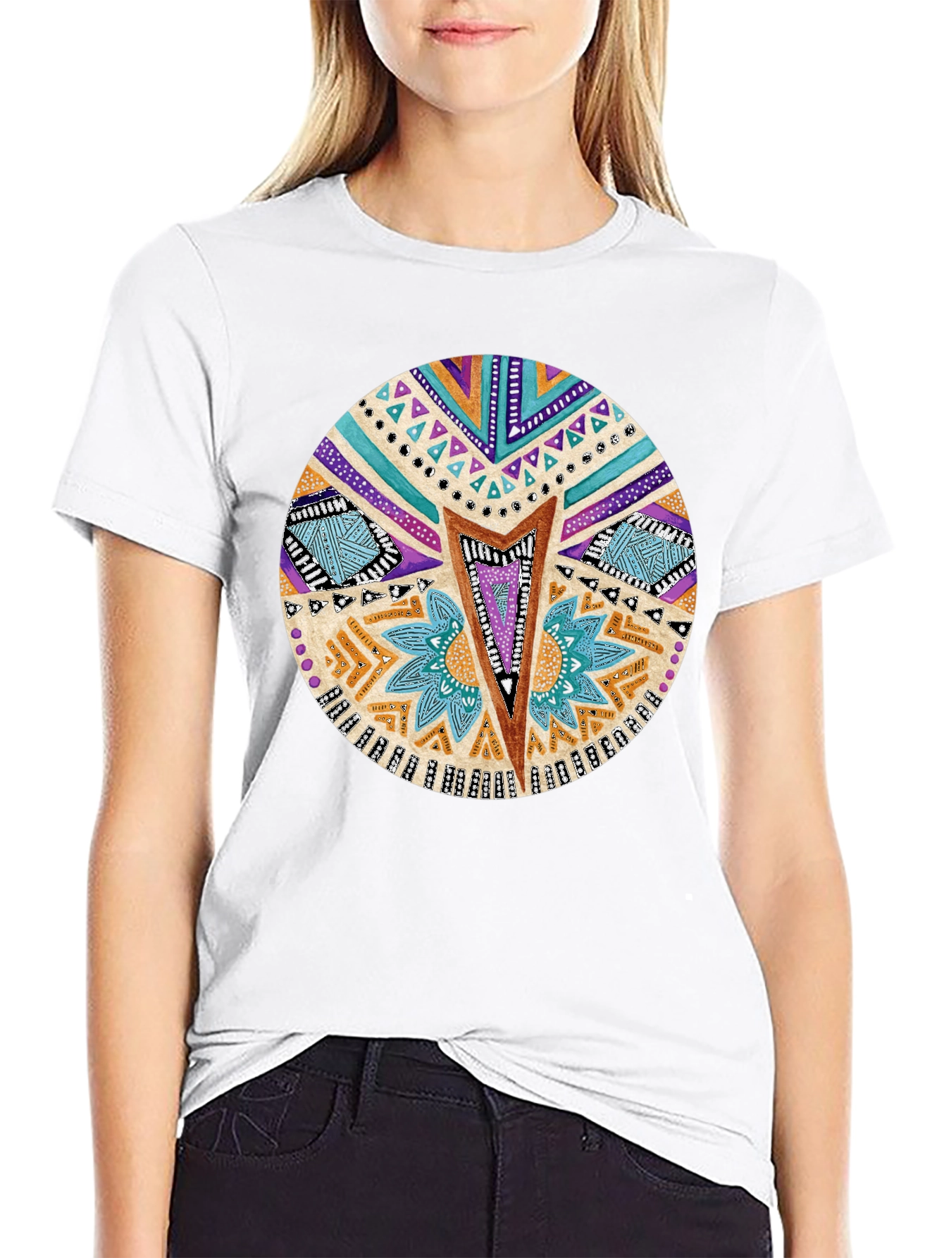 Tribal Print Crew Neck T-Shirt - Black