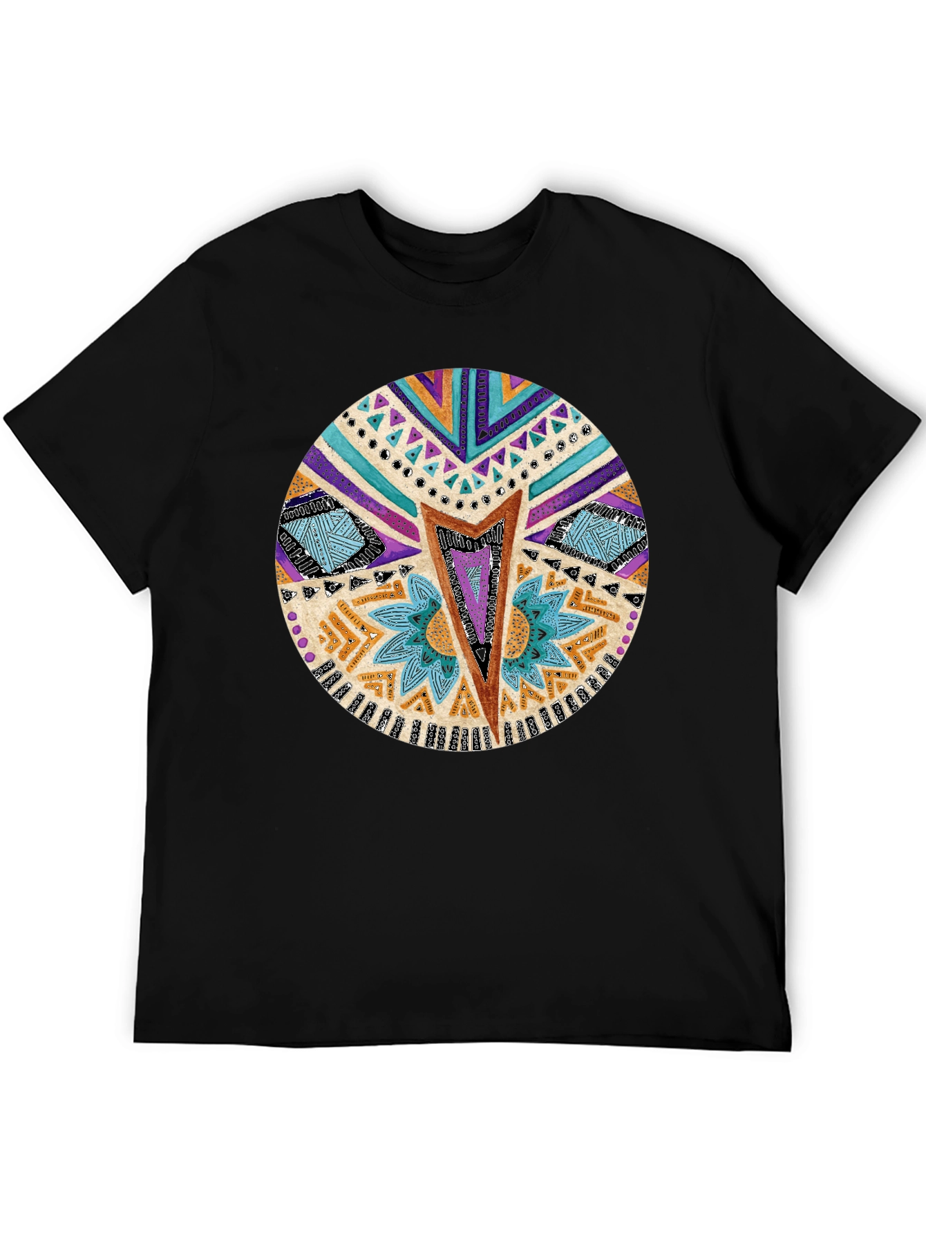 Tribal Print Crew Neck T-Shirt - Black