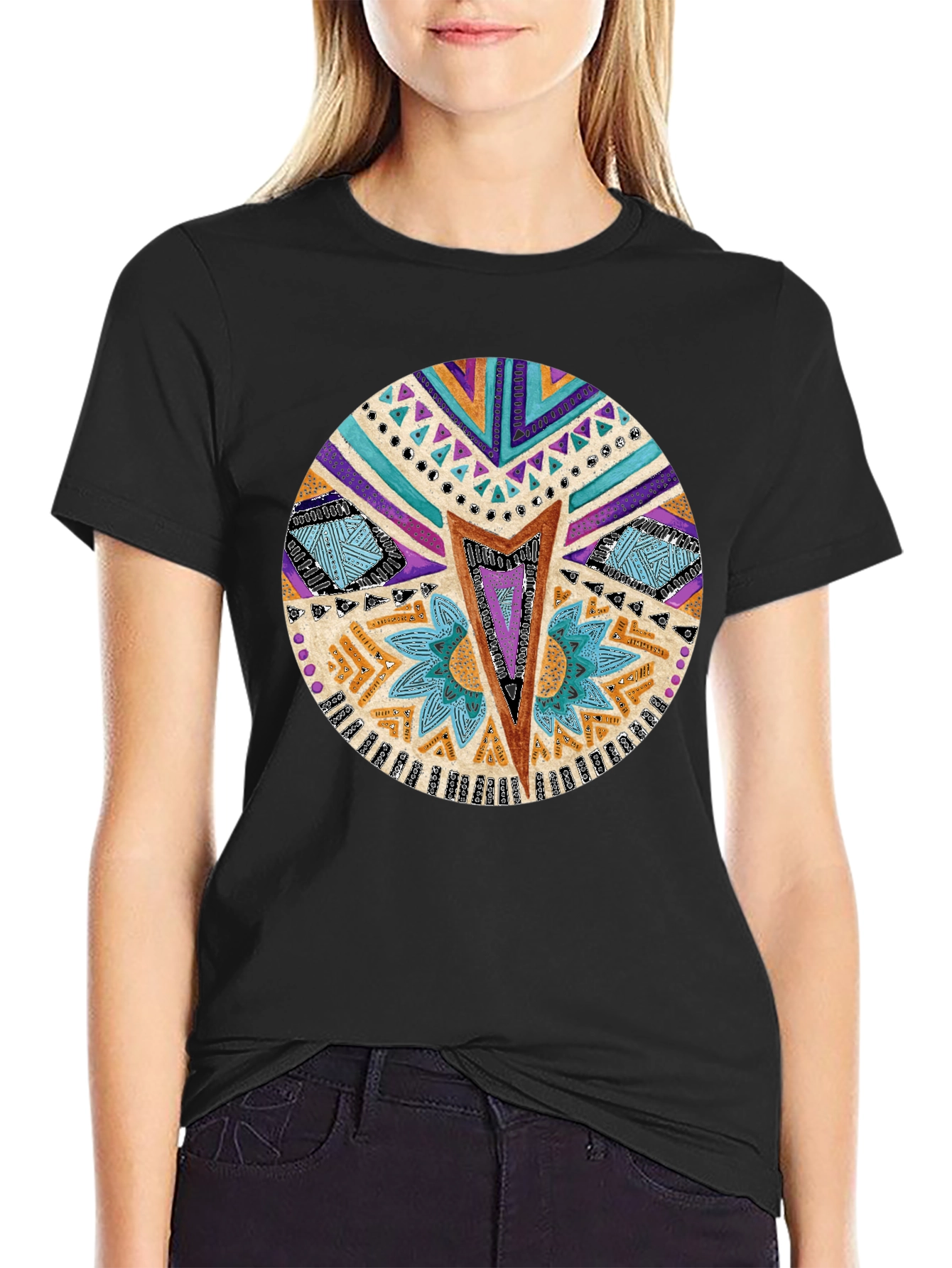 Tribal Print Crew Neck T-Shirt - Black