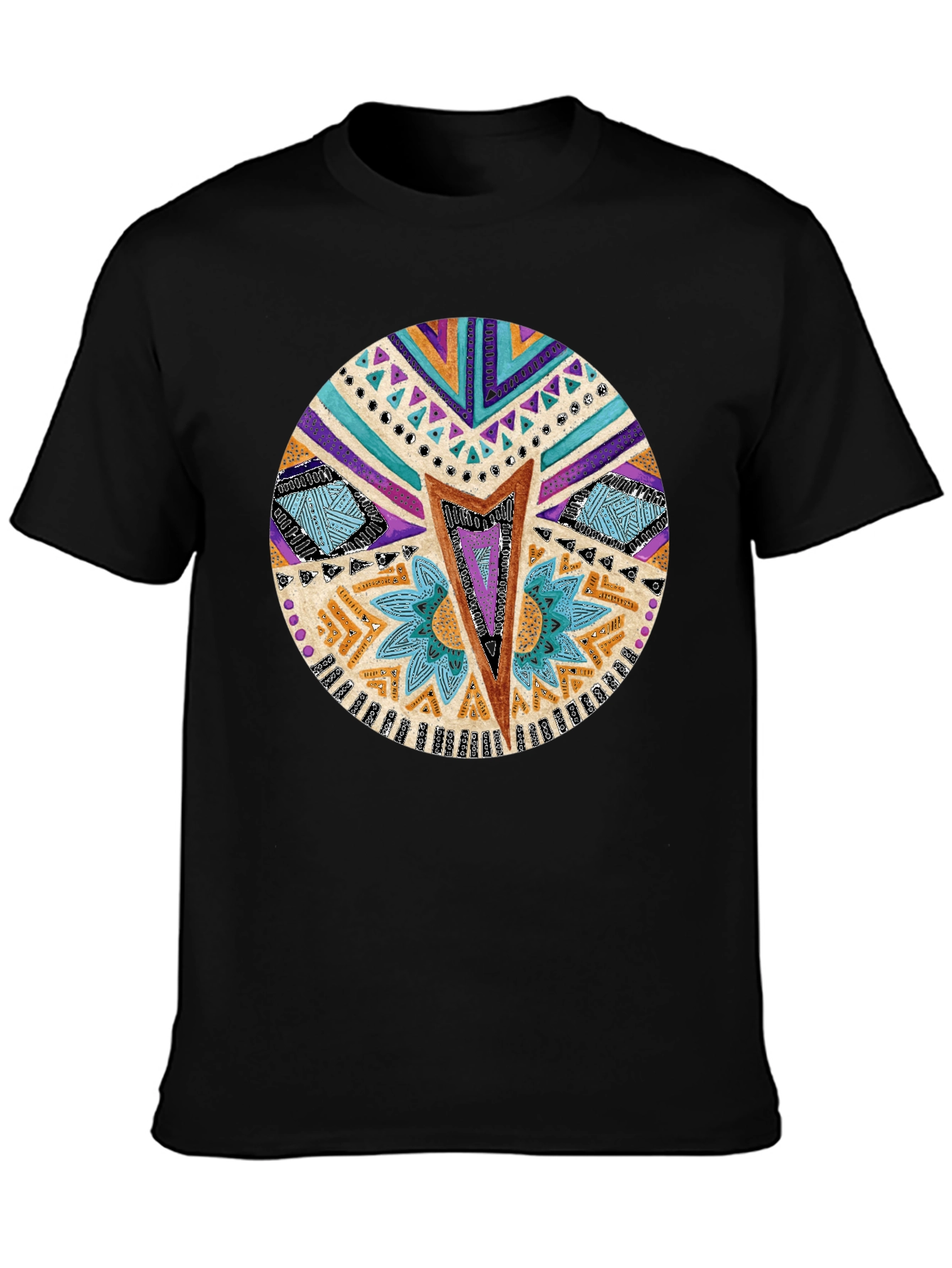 Tribal Print Crew Neck T-Shirt - Black