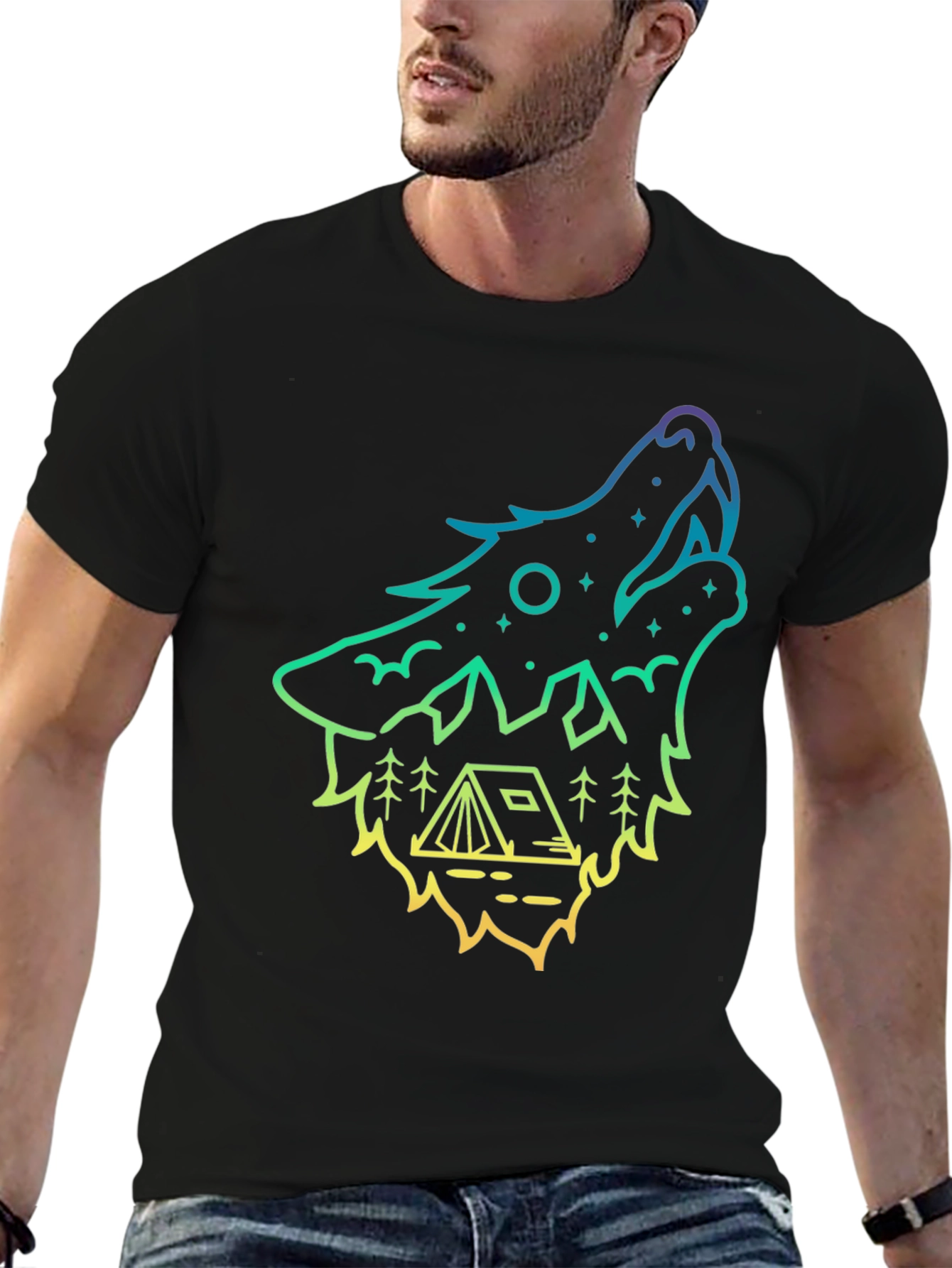 Wolf Howl Camping Tee - Gradient Outline Design