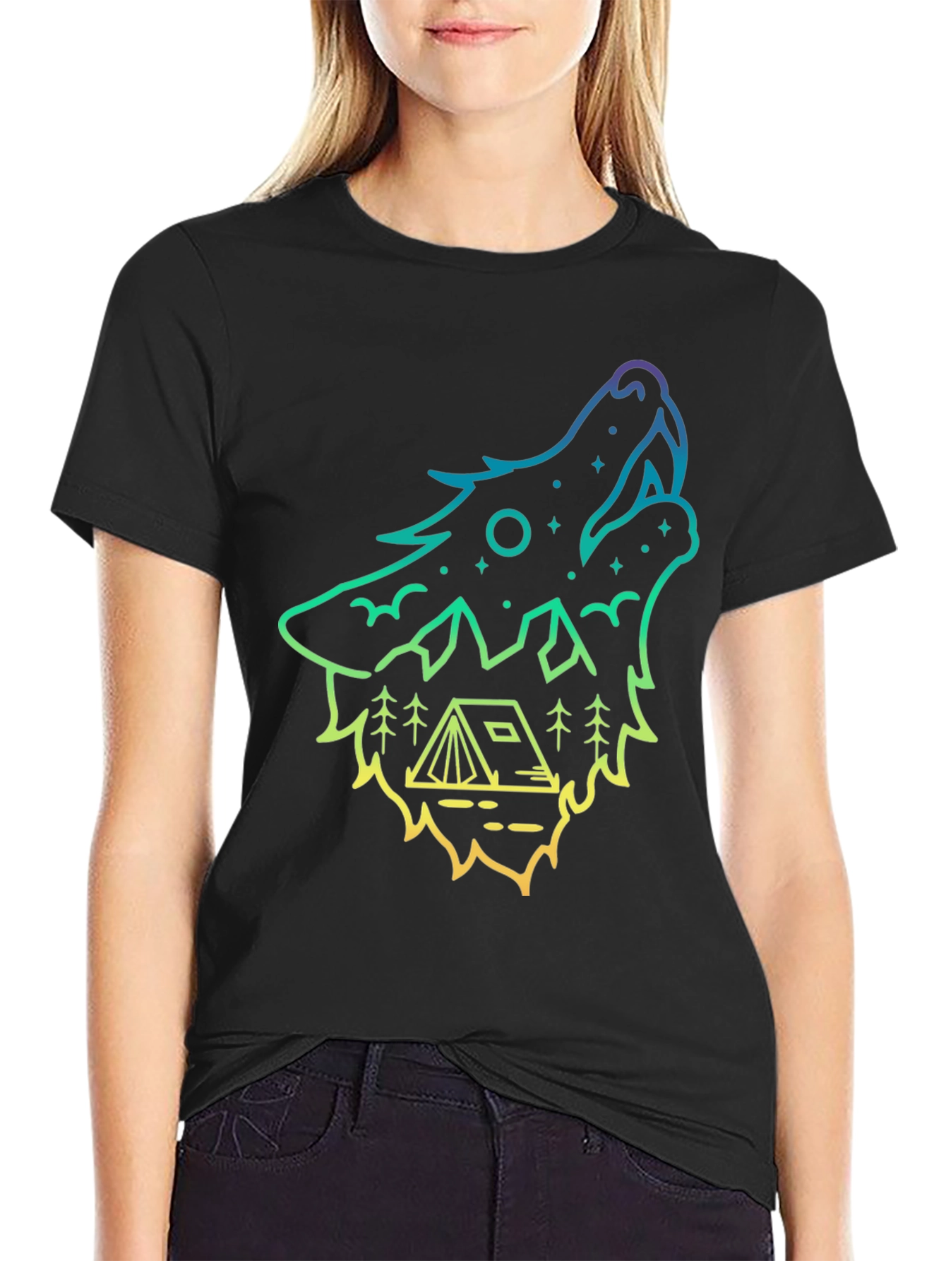 Wolf Howl Camping Tee - Gradient Outline Design