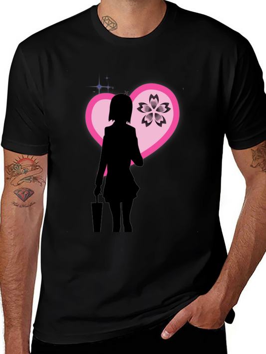 Anime Girl Sakura Heart Graphic Black T-Shirt