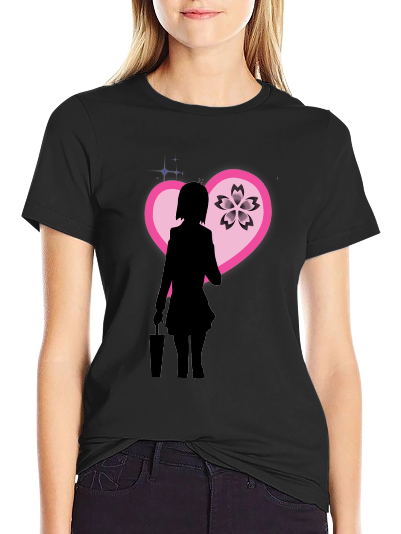 Anime Girl Sakura Heart Graphic Black T-Shirt
