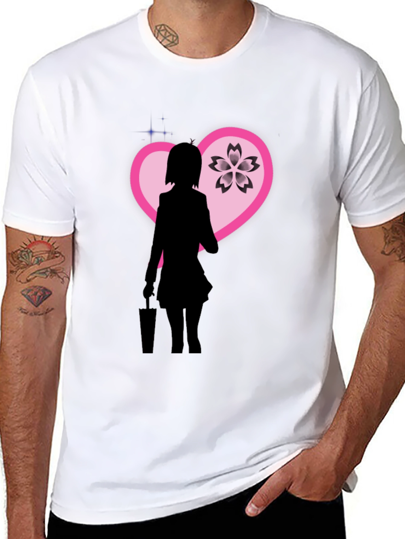 Anime Girl Sakura Heart Graphic Black T-Shirt