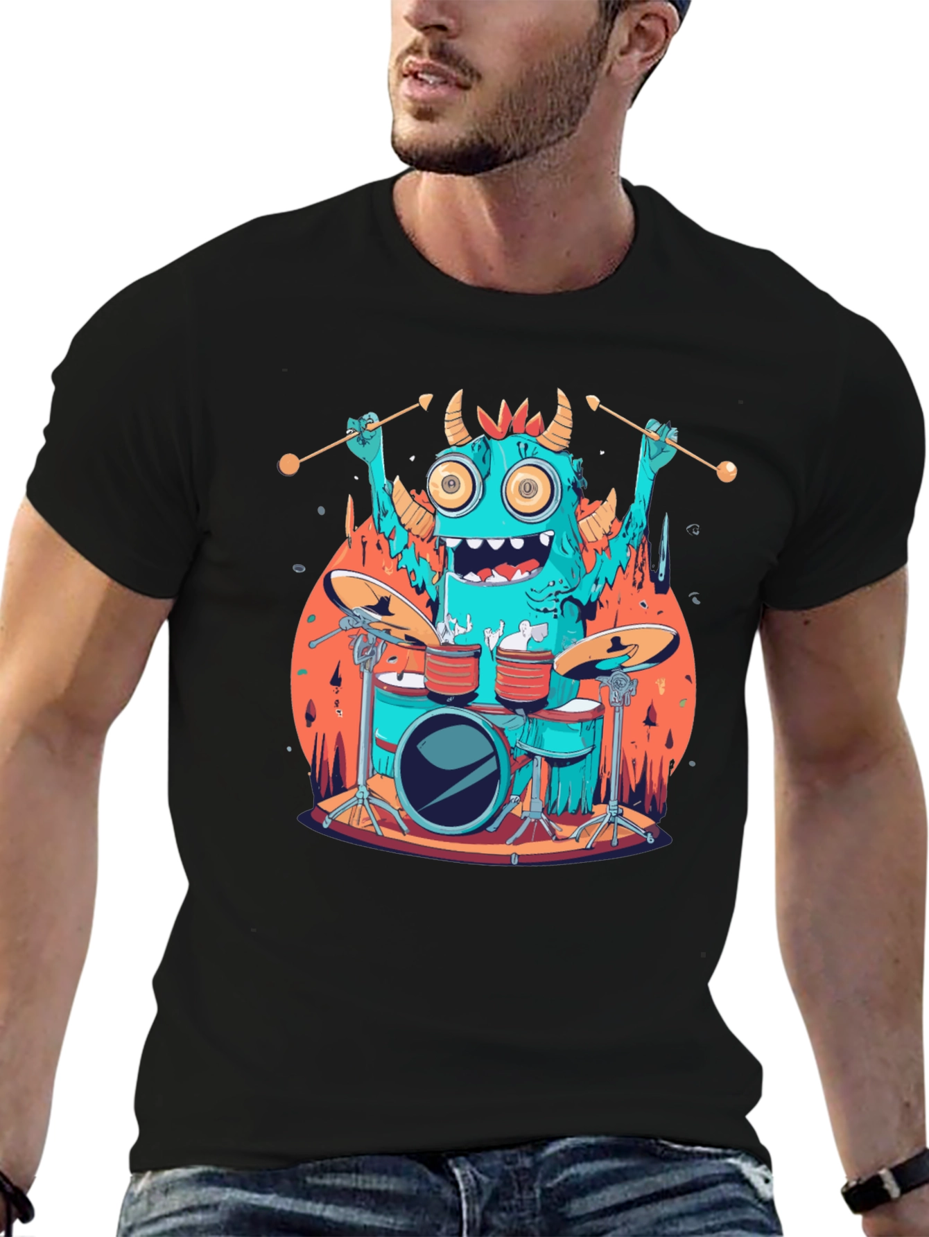 Monster Drummer Graphic Tee - Black Cotton T-Shirt