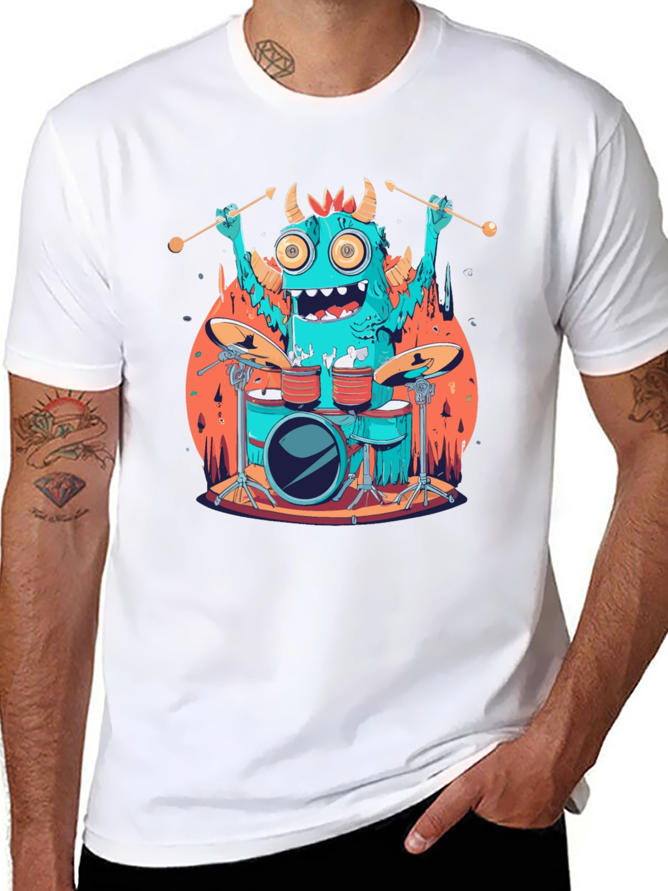 Monster Drummer Graphic Tee - Black Cotton T-Shirt