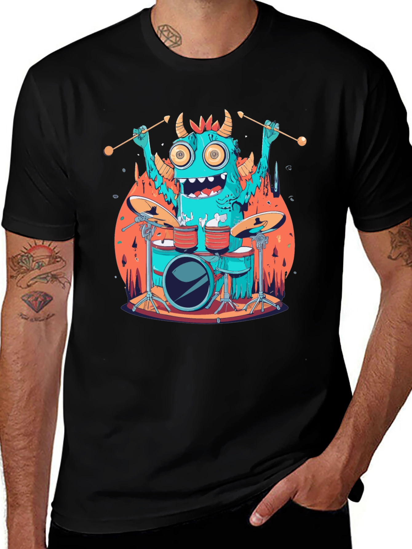 Monster Drummer Graphic Tee - Black Cotton T-Shirt