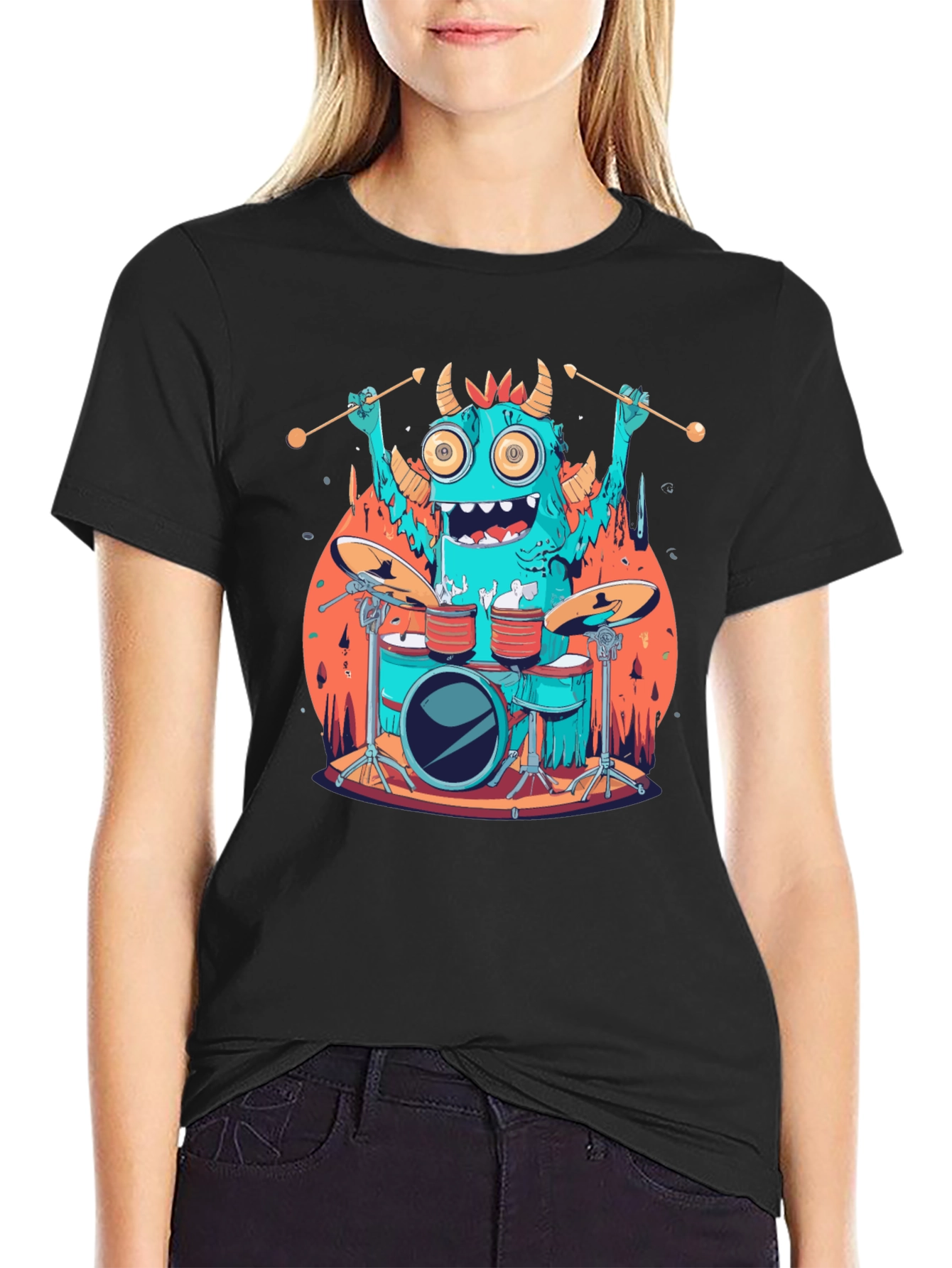 Monster Drummer Graphic Tee - Black Cotton T-Shirt