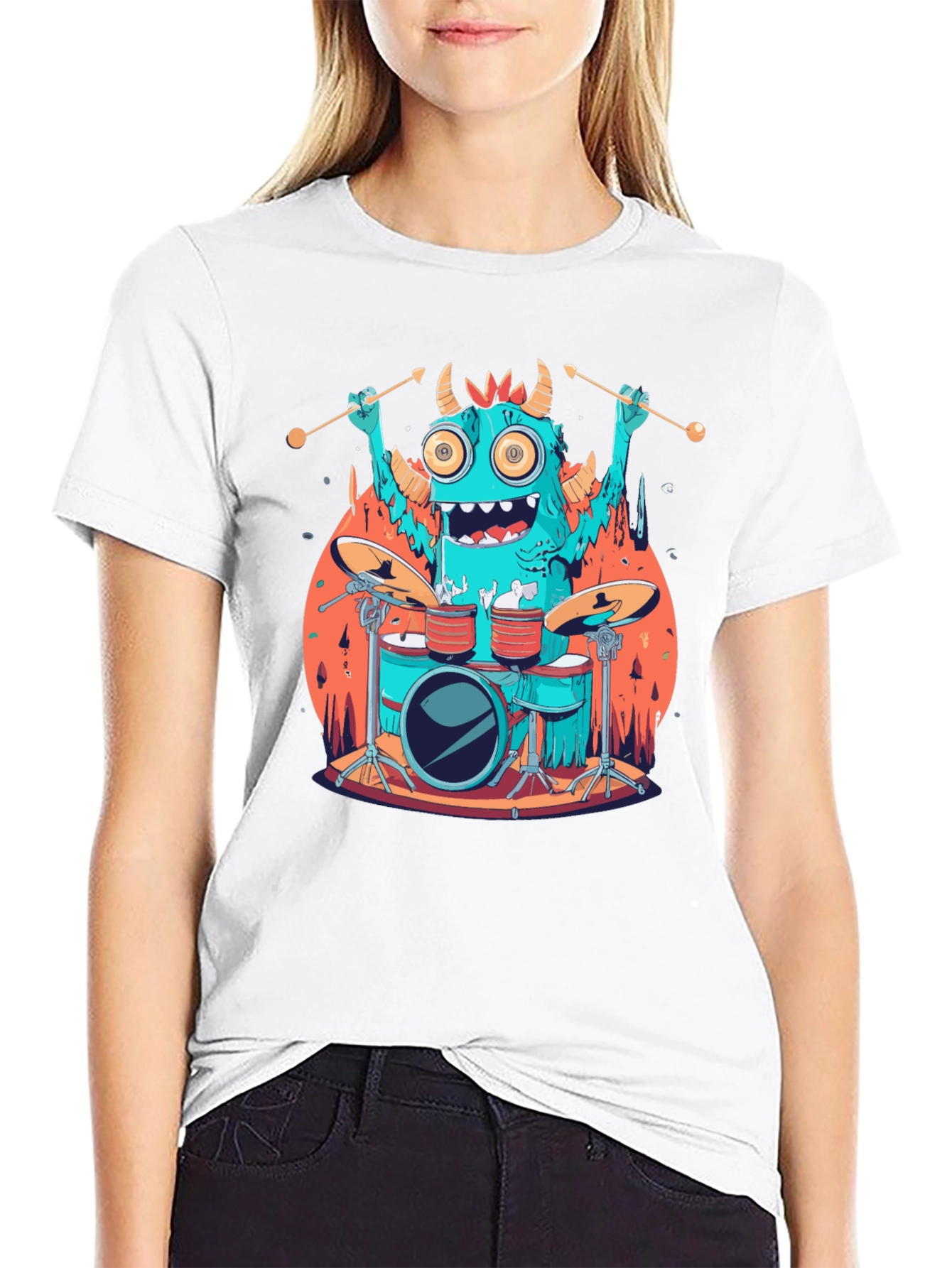 Monster Drummer Graphic Tee - Black Cotton T-Shirt