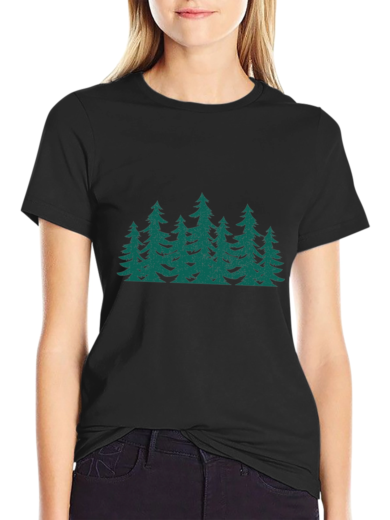 Green Forest Print Black T-Shirt