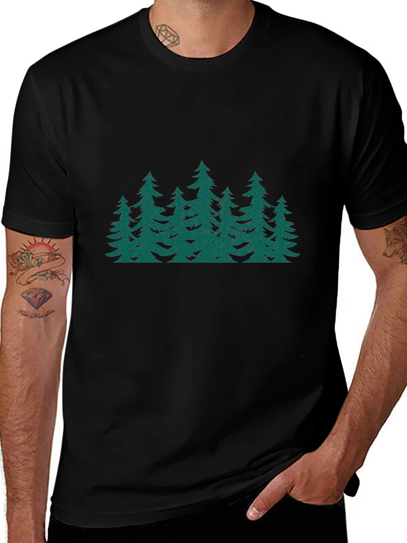 Green Forest Print Black T-Shirt