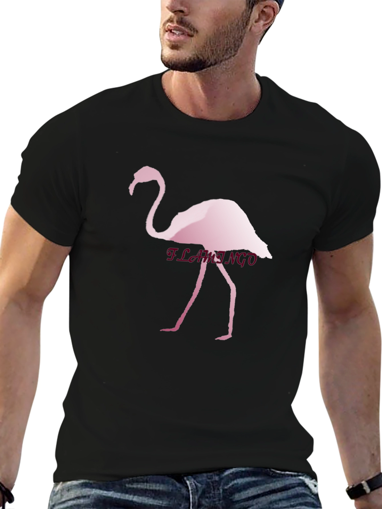 Mens Black T-Shirt with Flamingo Print