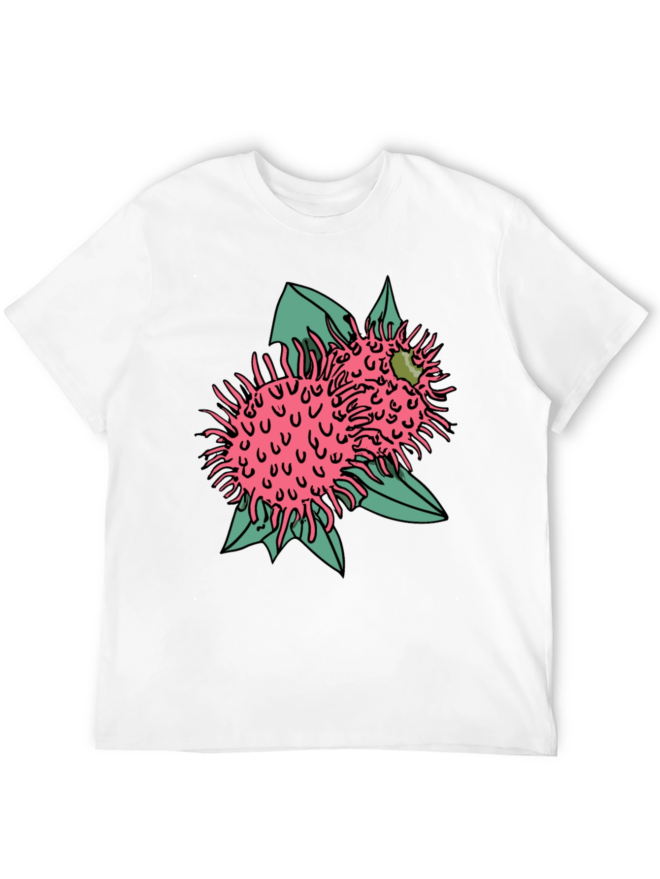 Novelty Black T-shirt with Pink Rambutan Graphic