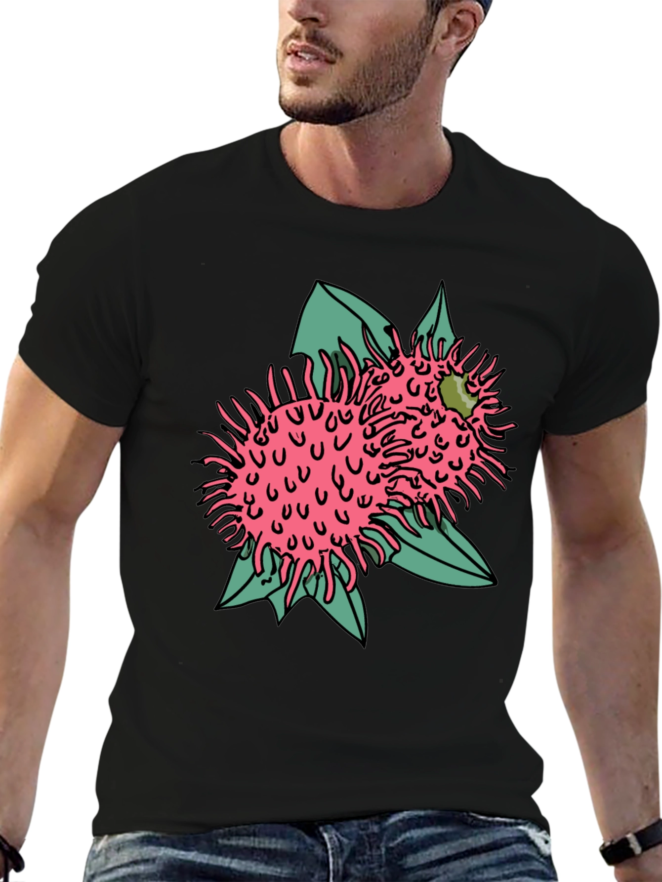 Novelty Black T-shirt with Pink Rambutan Graphic