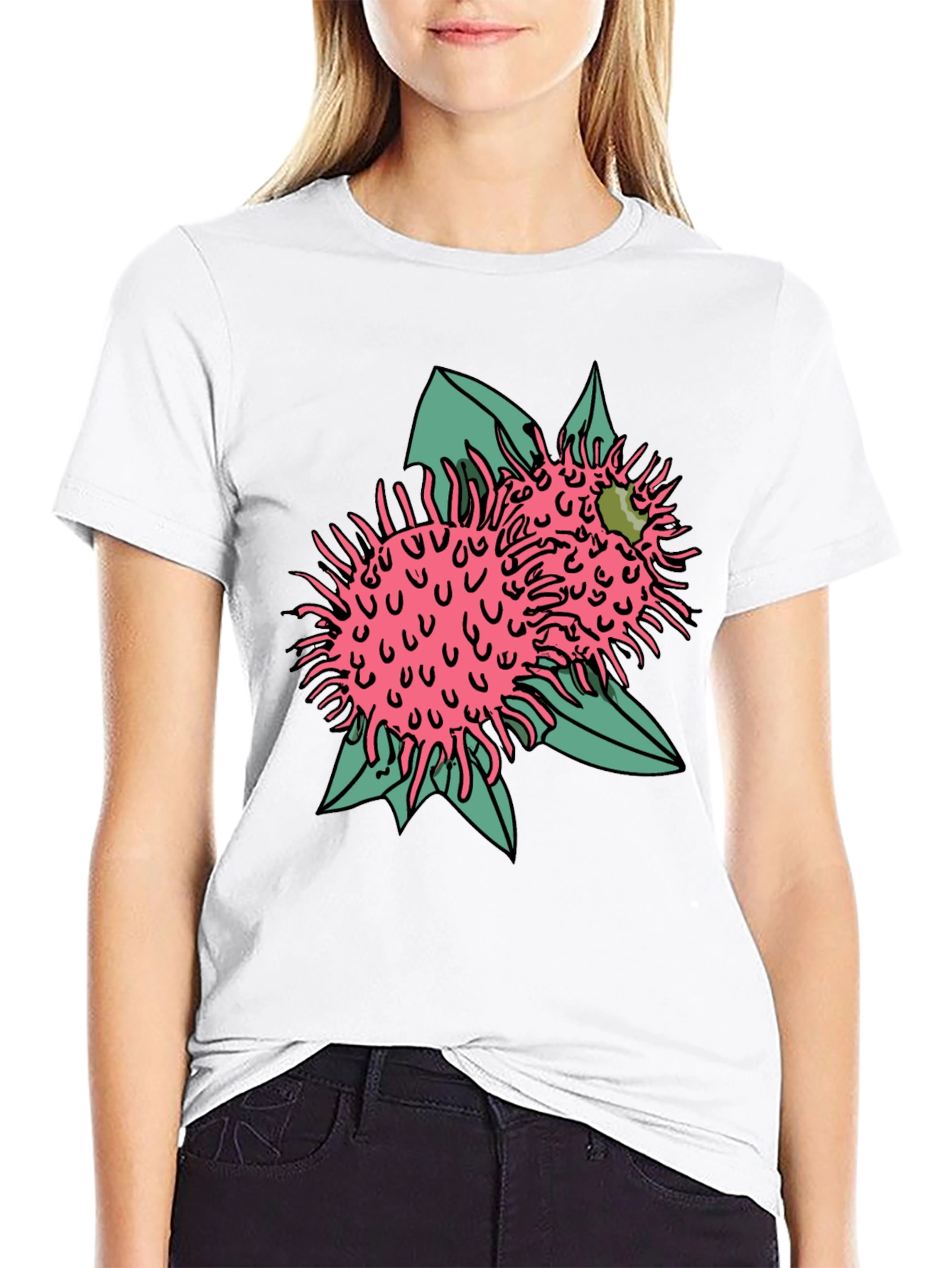 Novelty Black T-shirt with Pink Rambutan Graphic