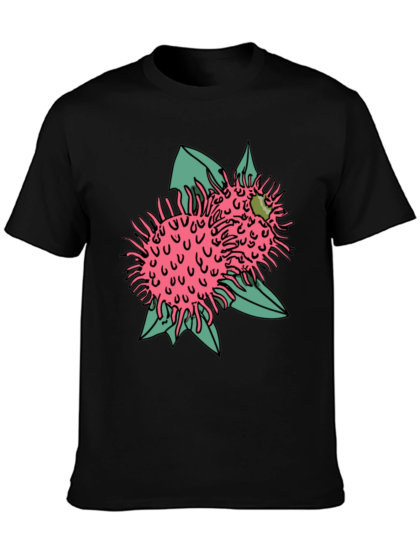 Novelty Black T-shirt with Pink Rambutan Graphic