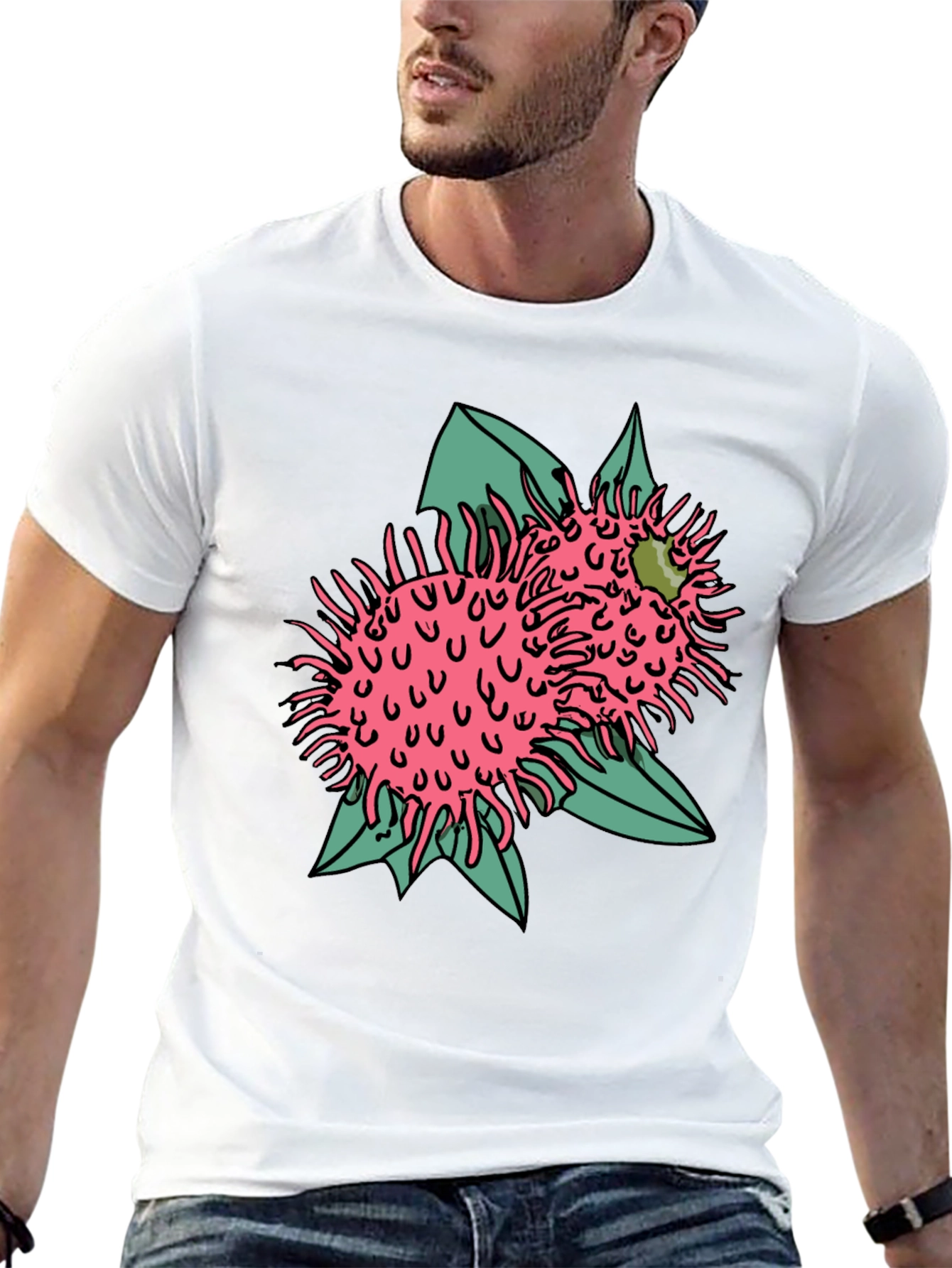 Novelty Black T-shirt with Pink Rambutan Graphic