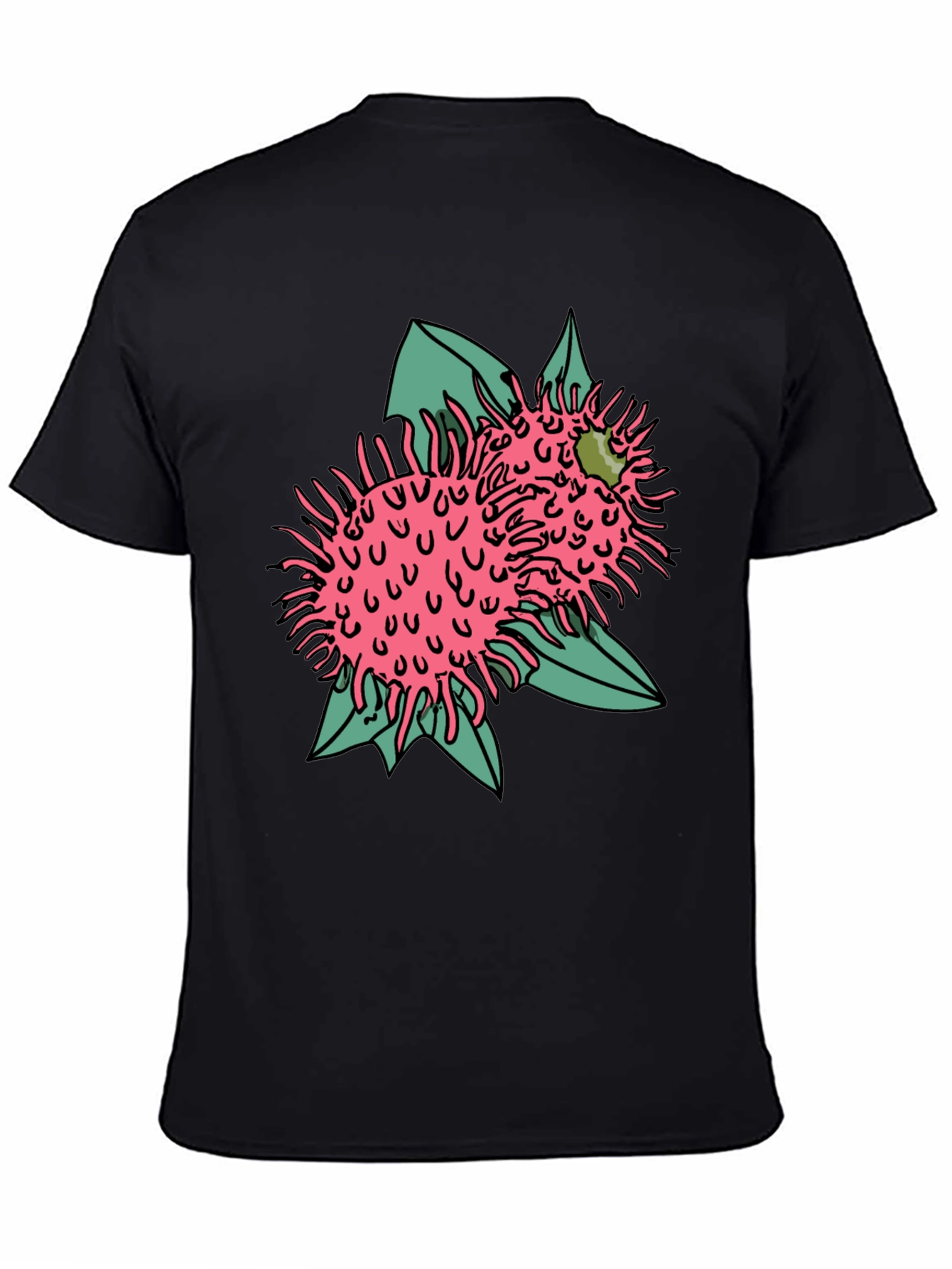 Novelty Black T-shirt with Pink Rambutan Graphic