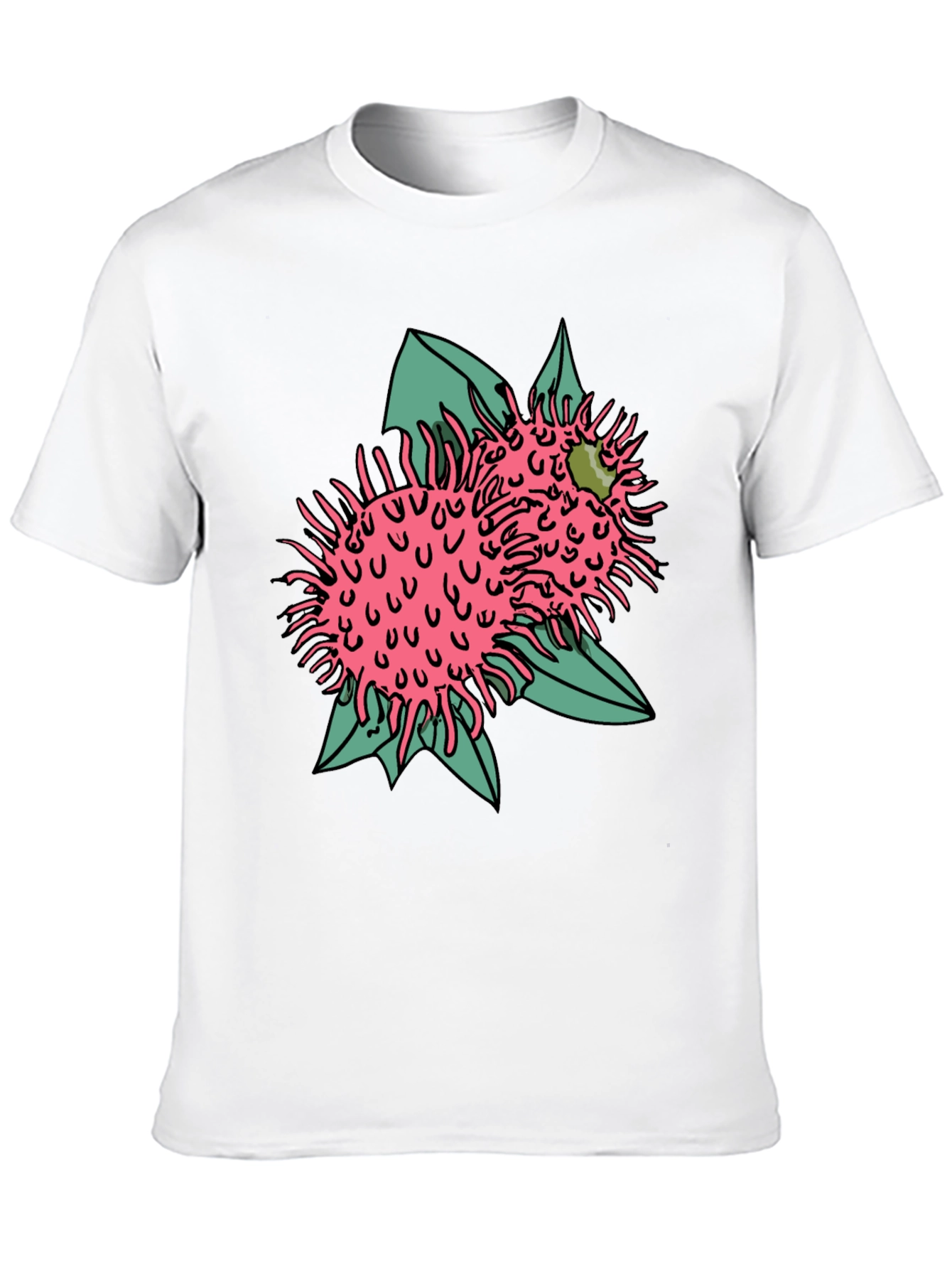 Novelty Black T-shirt with Pink Rambutan Graphic