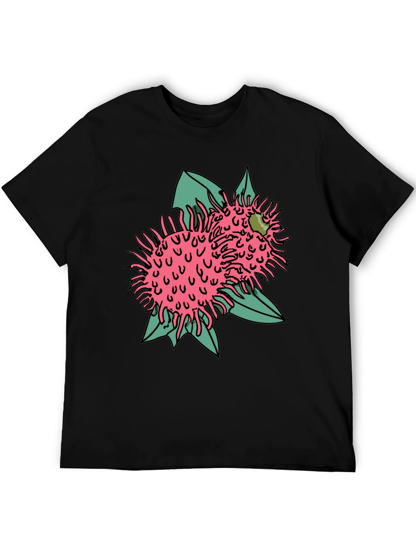 Novelty Black T-shirt with Pink Rambutan Graphic