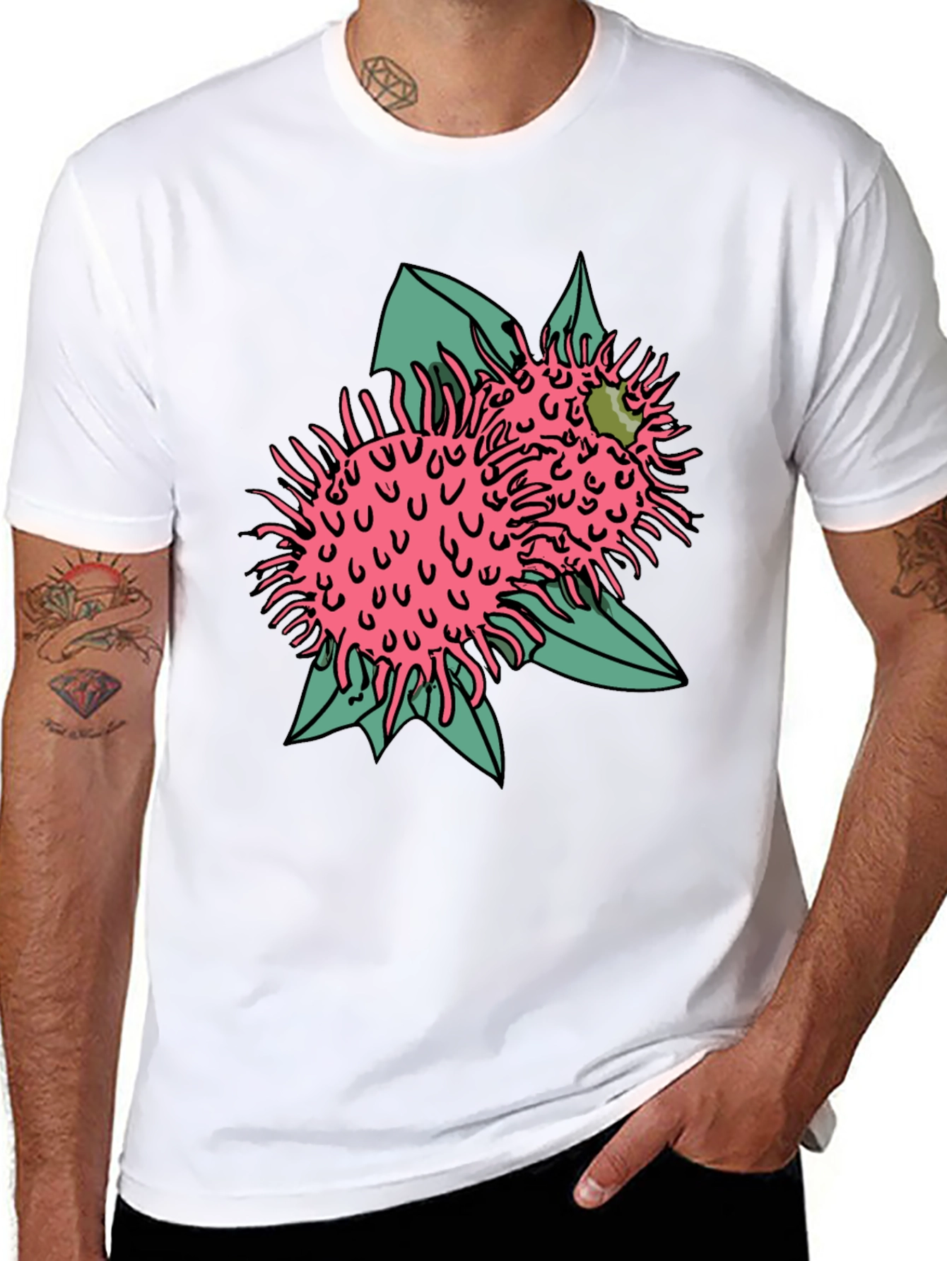 Novelty Black T-shirt with Pink Rambutan Graphic