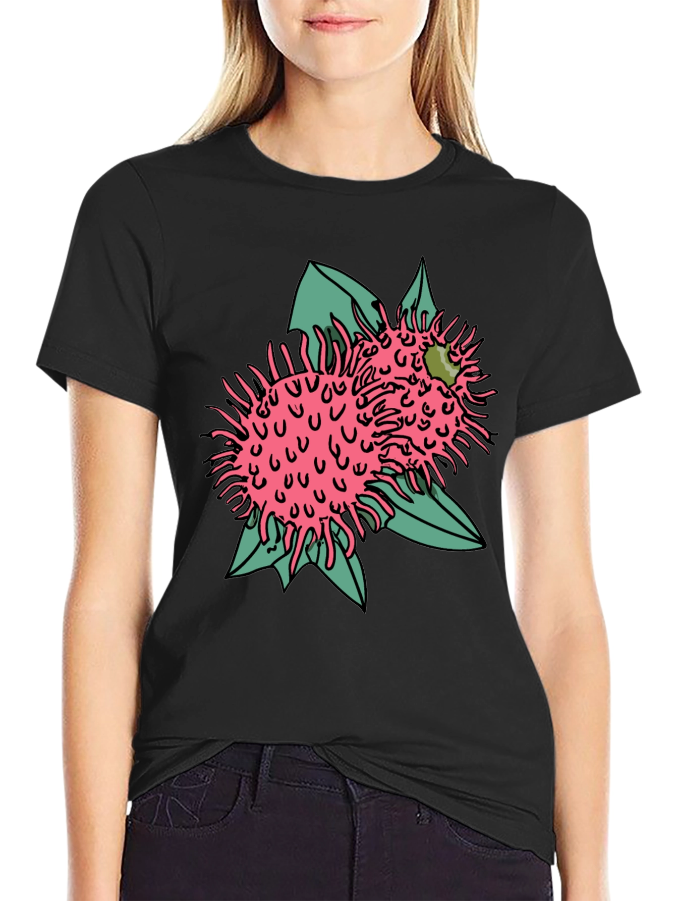 Novelty Black T-shirt with Pink Rambutan Graphic