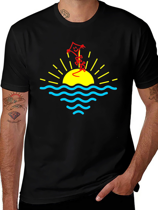 Sunset Kite Graphic Tee - Black Cotton Casual T-Shirt